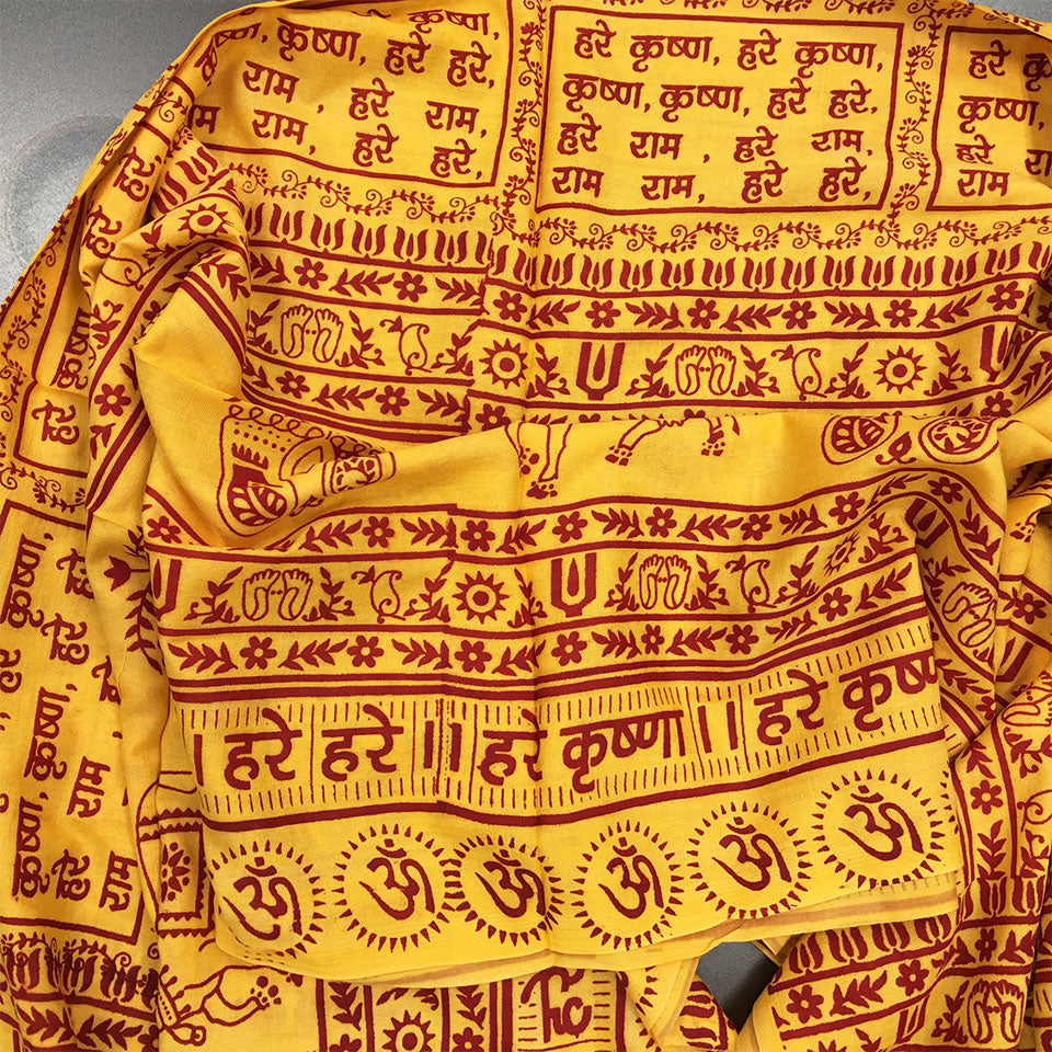 Maha Mantra Chadar -Marigold/Yellow With Red - Vrindavan Cows, Om, Lotus Feet