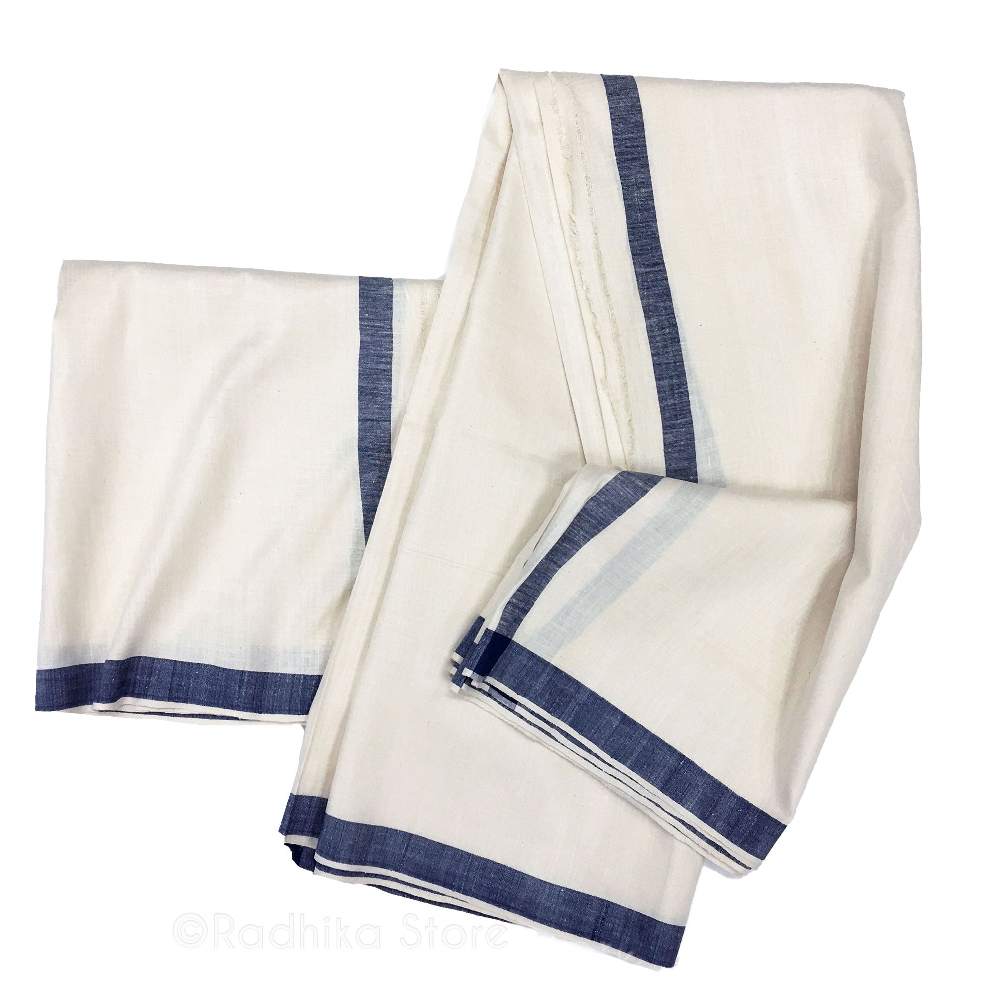 Raw Silk Dhoti and Chadar - Natural Khadi - Cream With Dark Blue Stripe