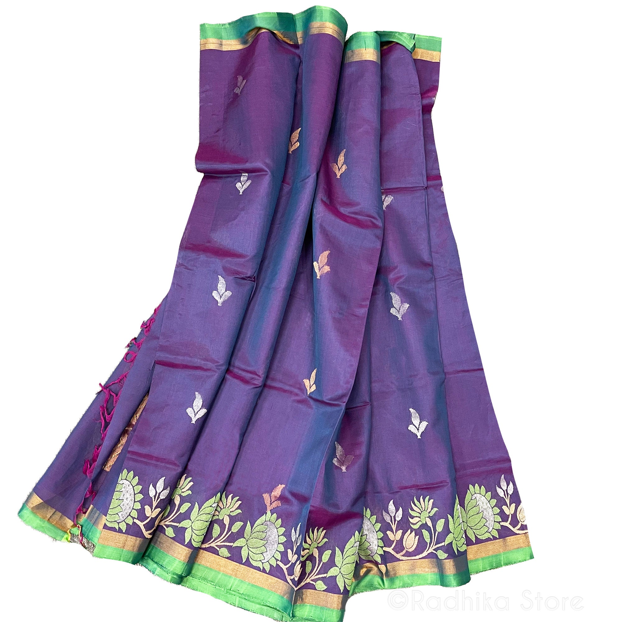Festive Purple With Green Lotus - Silver and Gold - Quality Silk Saree