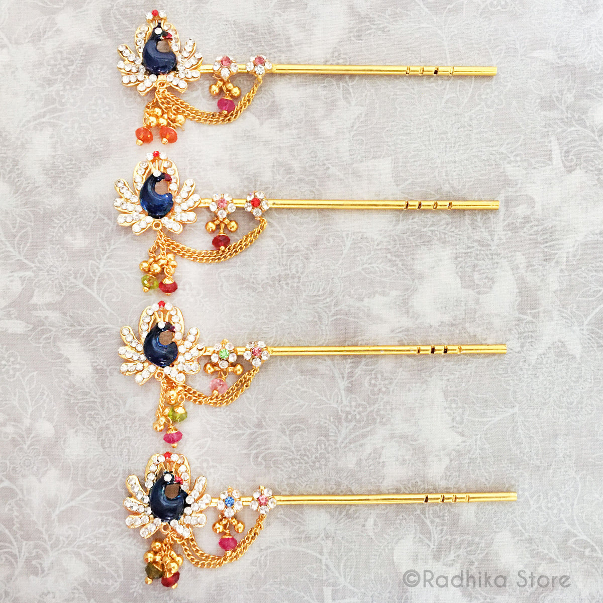 Dazzling Peacock Flute With  Bells - Pink Flower - Vamsi Large - 5 1/2 Inch