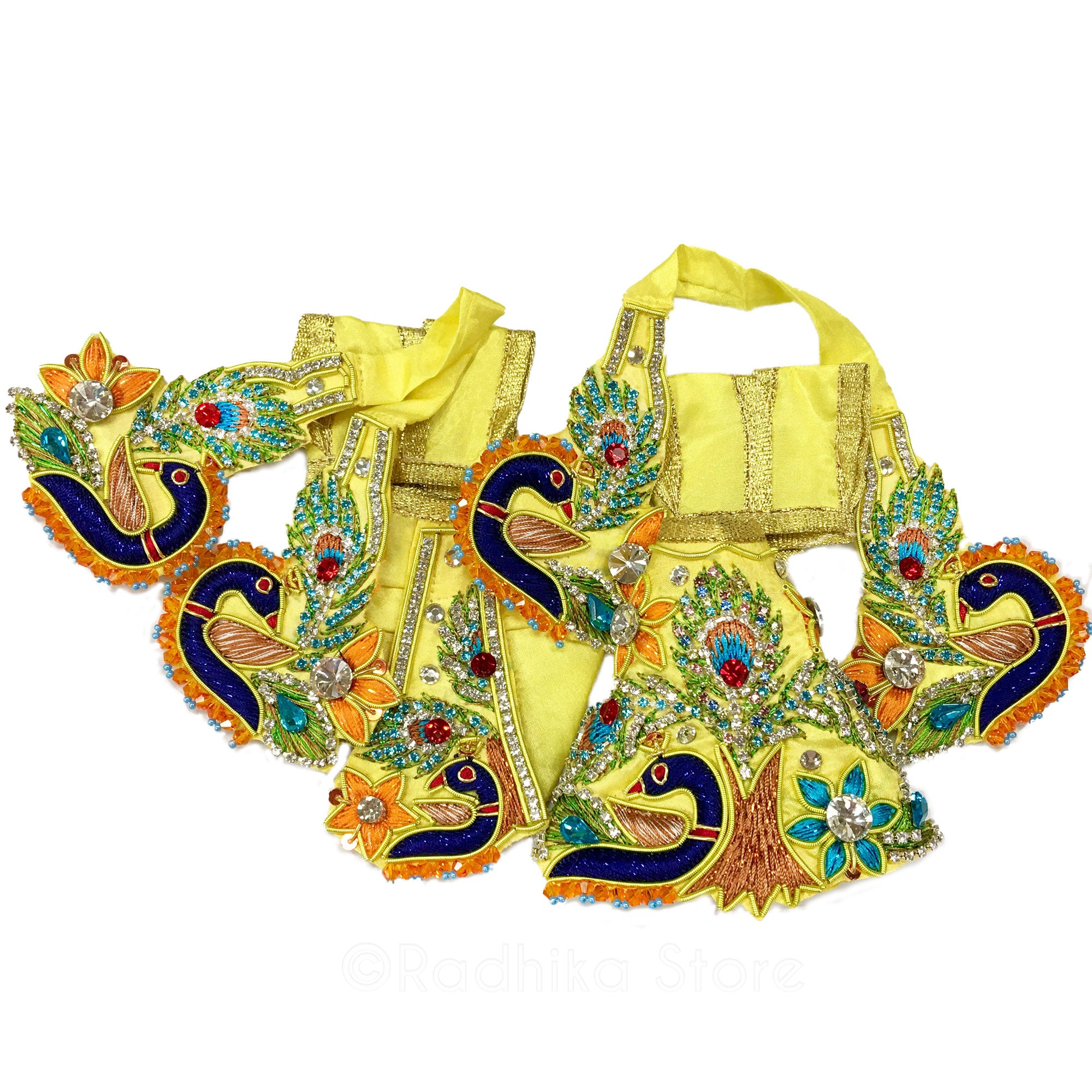 Vamsi Vat Peacocks - Sunshine Yellow Satin - Radha Krishna Deity Outfit