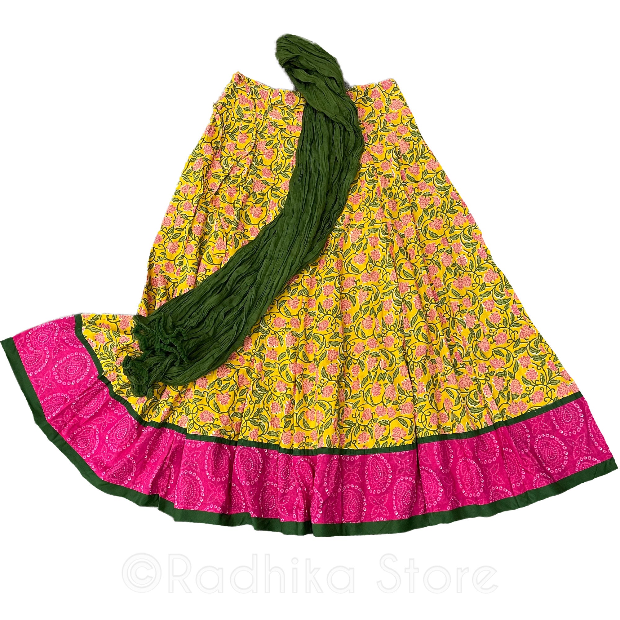 Varshana Palace Flowers - Gopi Skirt - Bright Yellow and Pink - Cotton Screen Print - With Chadar -L