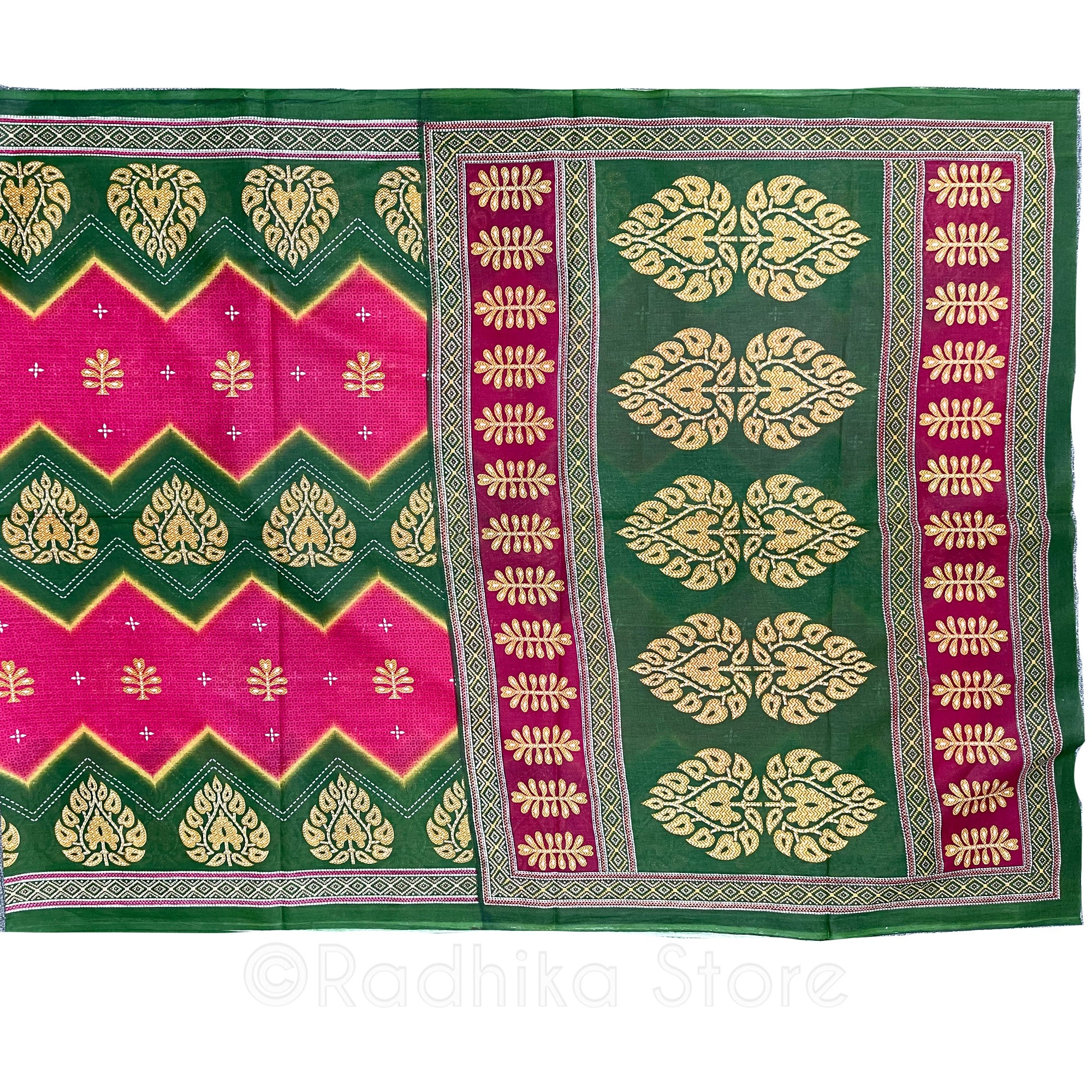 Vedic Designs - Green and Bright Pink- Cotton Saree