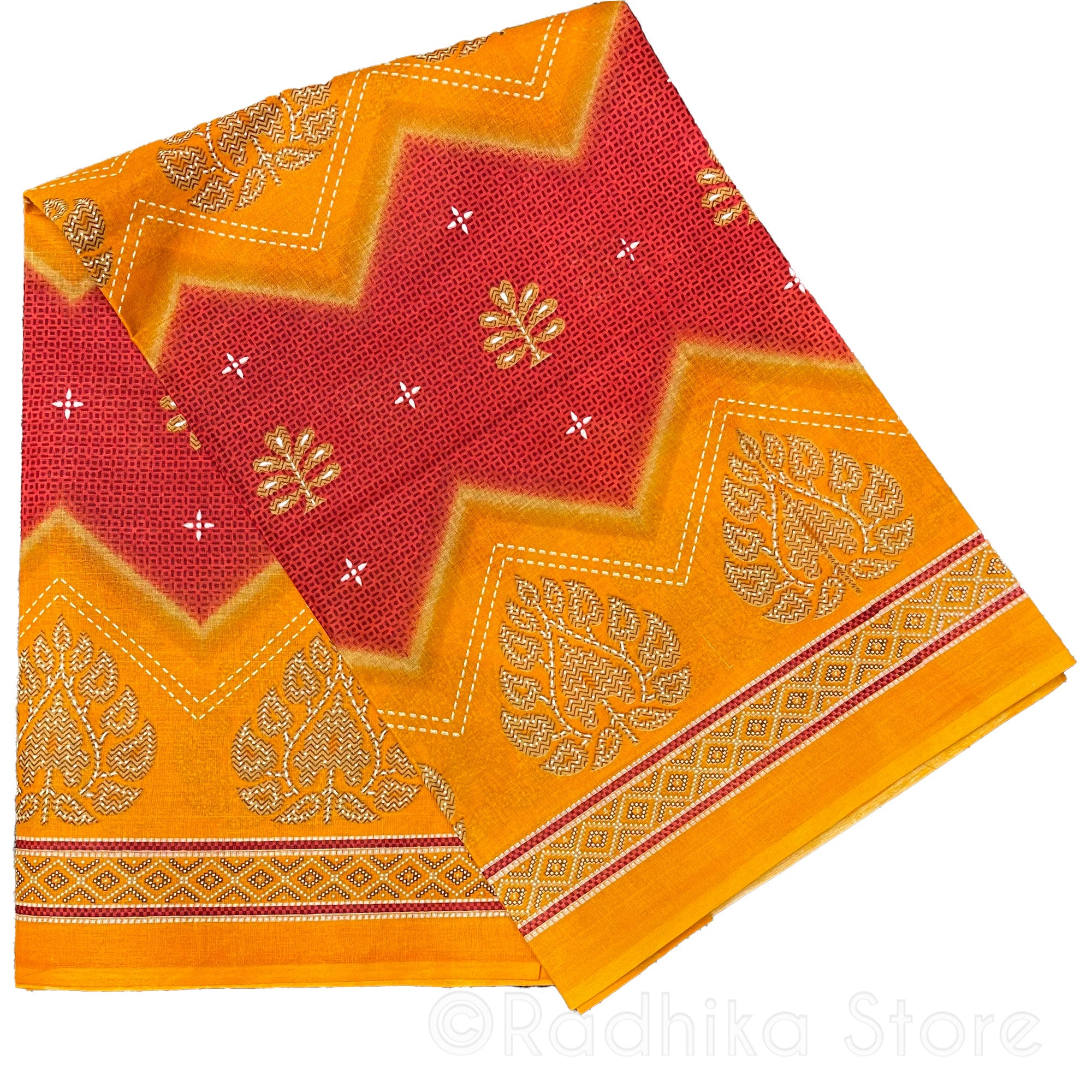 Vedic Designs -  Marigold and Orange/Red- Cotton Saree