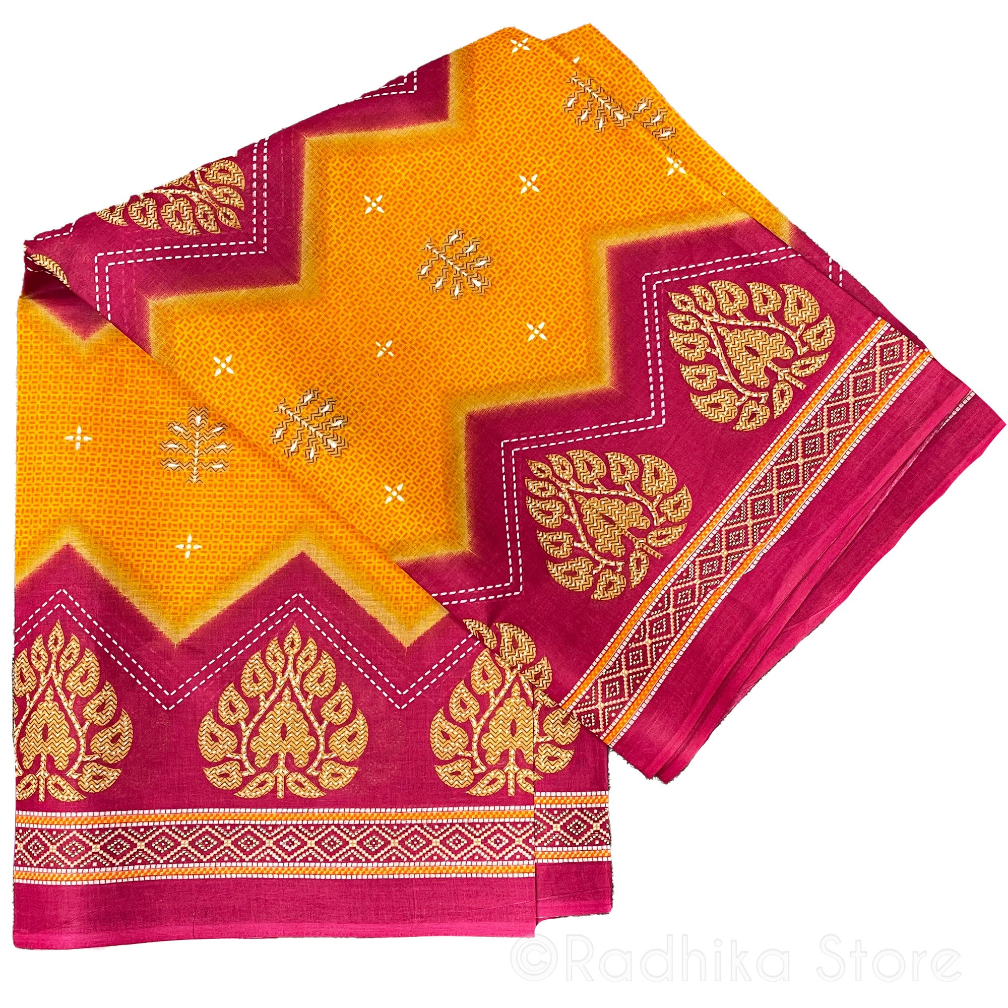 Vedic Designs - Bright Pink and Marigold- Cotton Saree