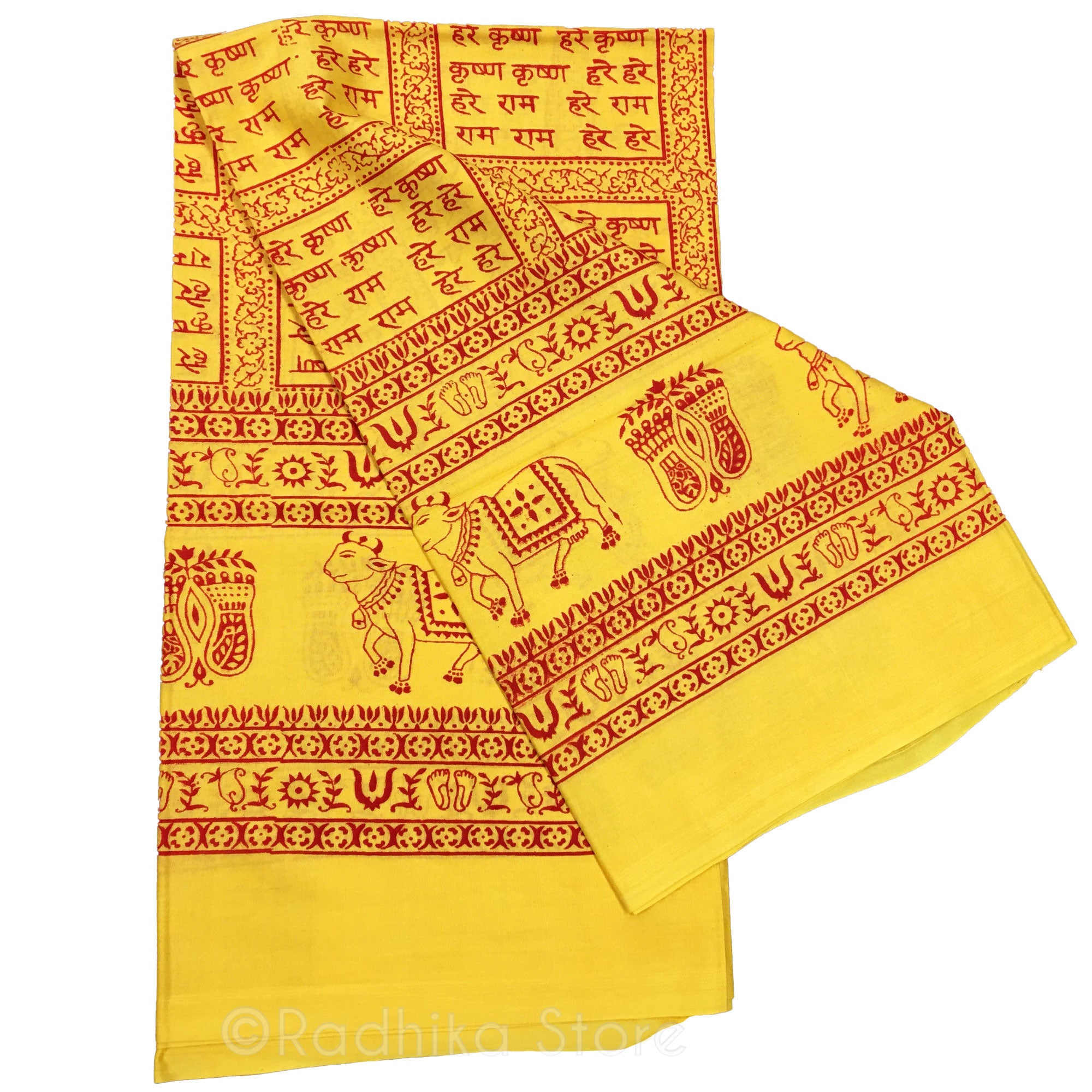 Maha Mantra Chadar With Vrindavan Cows and Lotus Feet -  Sunshine Yellow With Red