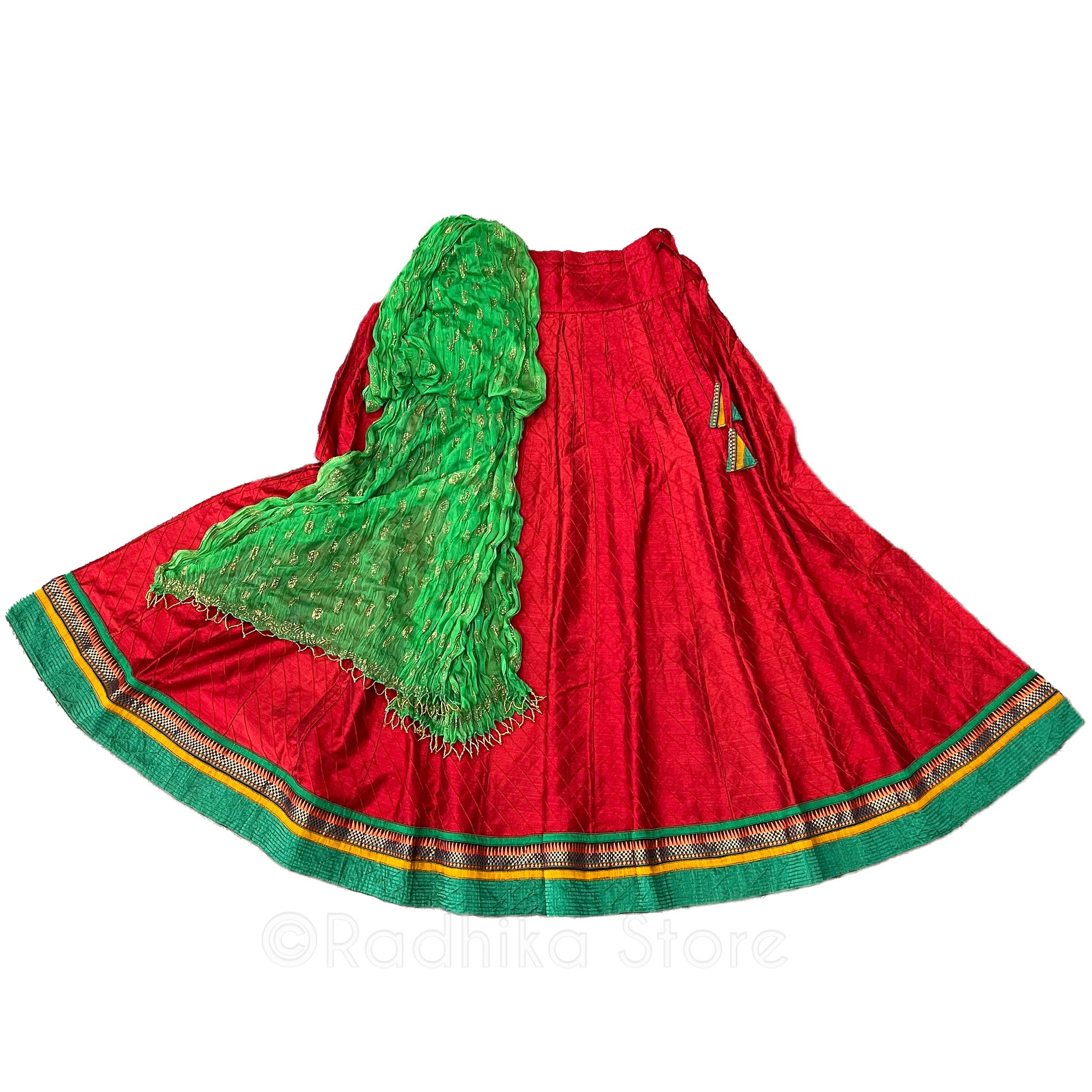 Vedic Colors - Gopi Skirt - Bright Deep Red and Green -Jute-Cotton-Gopi Skirt- With Green Chadar - Small Or Large