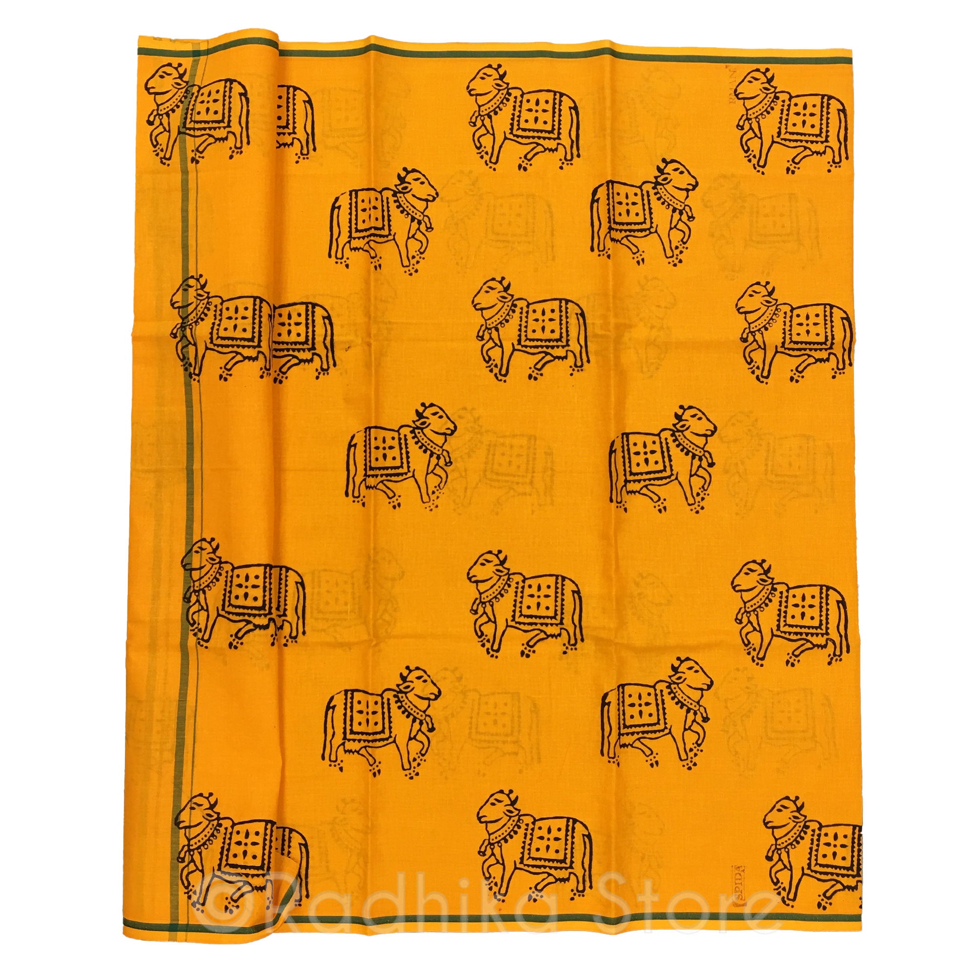 Marigold Orange Block Print Chadar - With Vrindavan Cows