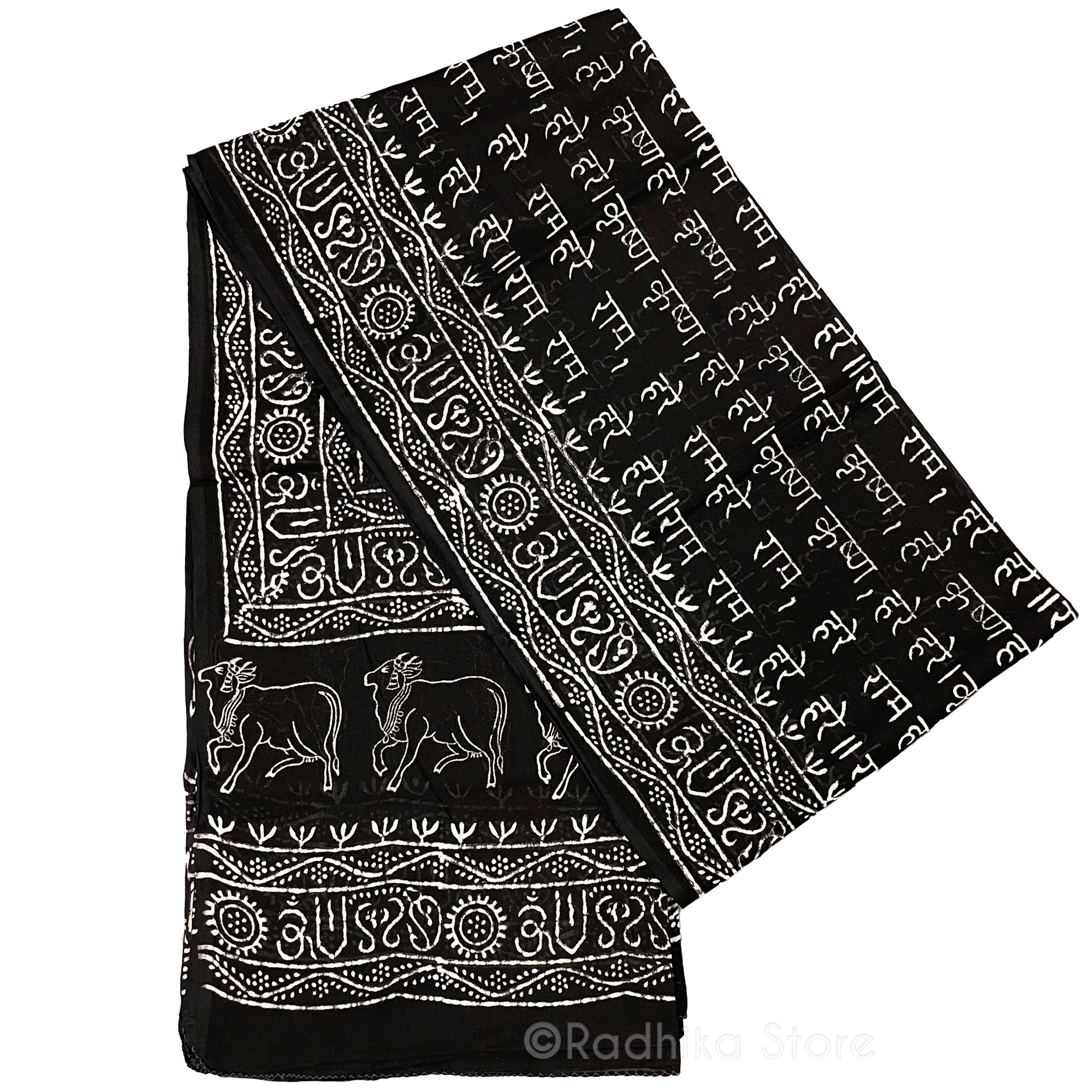 Vrindavan CowsWith Vedic Symbols -  Maha Mantra Chadar - Black And Cream