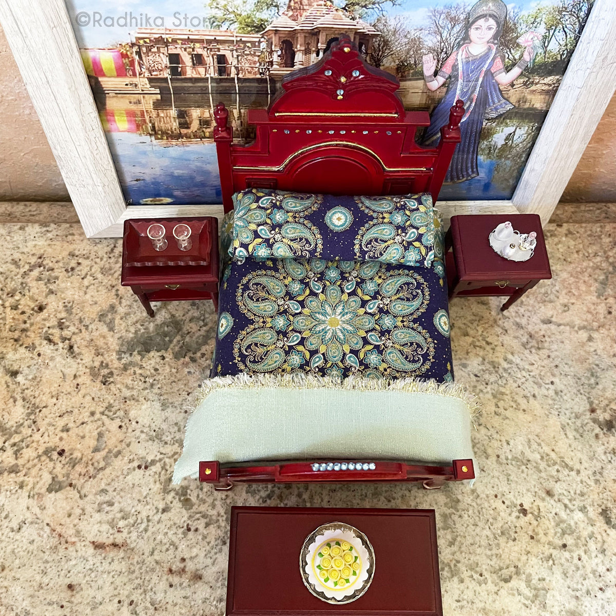 Vrindavan Palace Bed With Festival Sky Bedding- Mahogany
