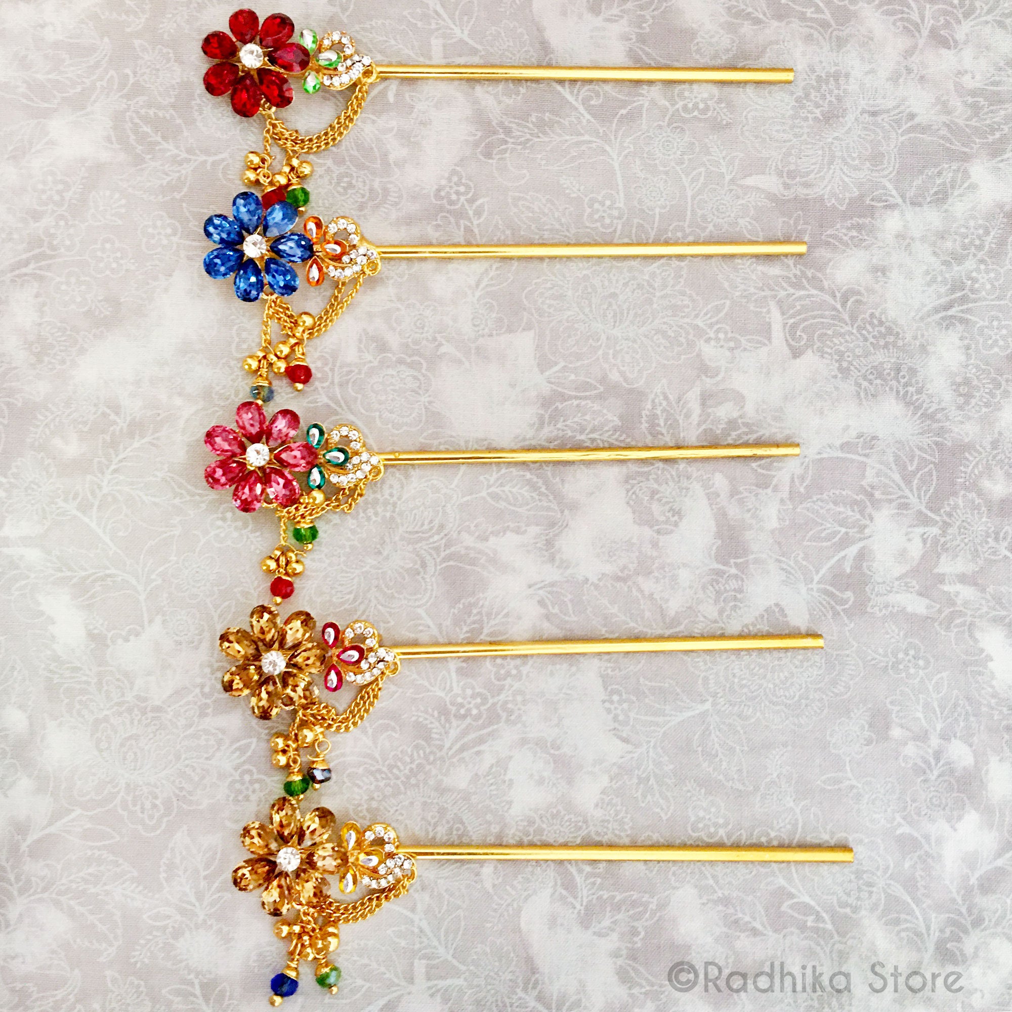 Vrindavan Flower With Bells and Bees - Choose Color - Red - Blue - Pink - Gold - Size Large 5 1/2 Inch