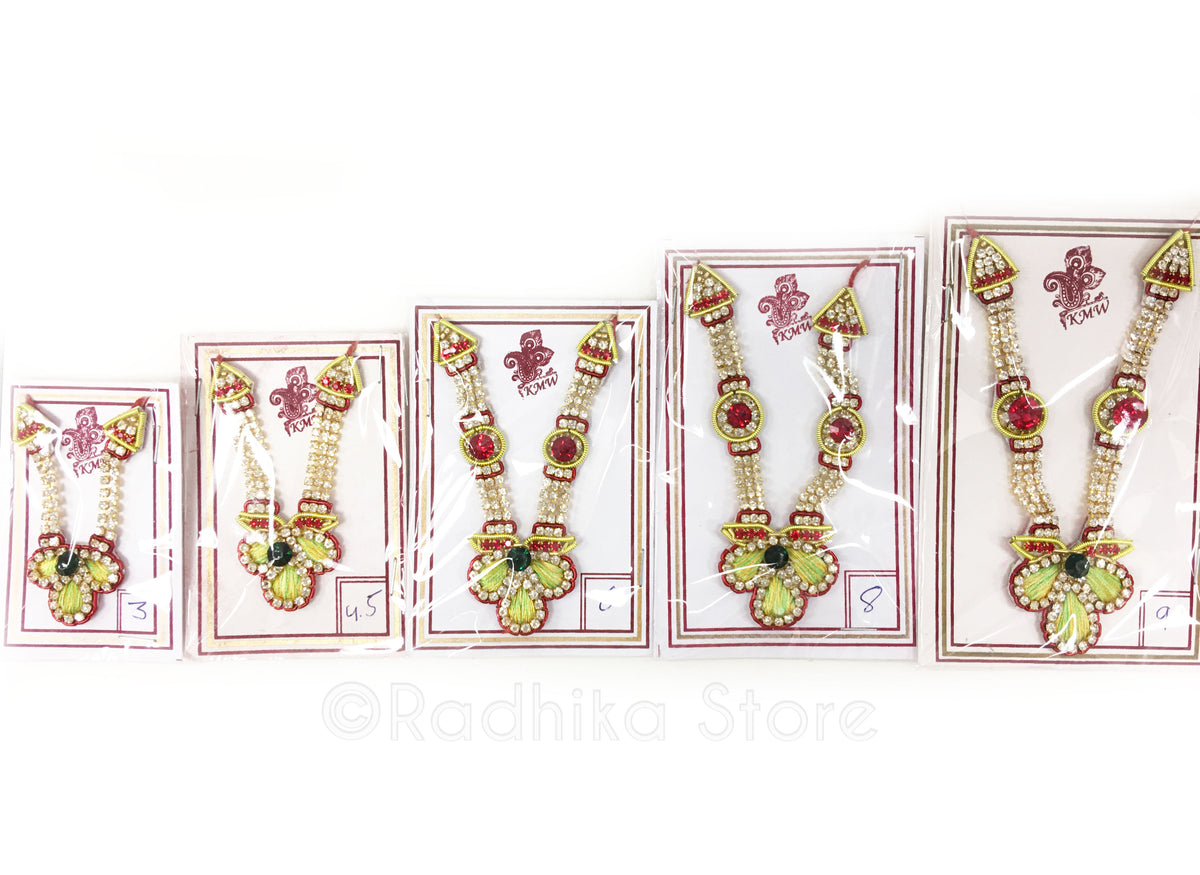 Vrindavan Flower - Deity Crown and Necklace Set- Lemon/Lime and Red Colors