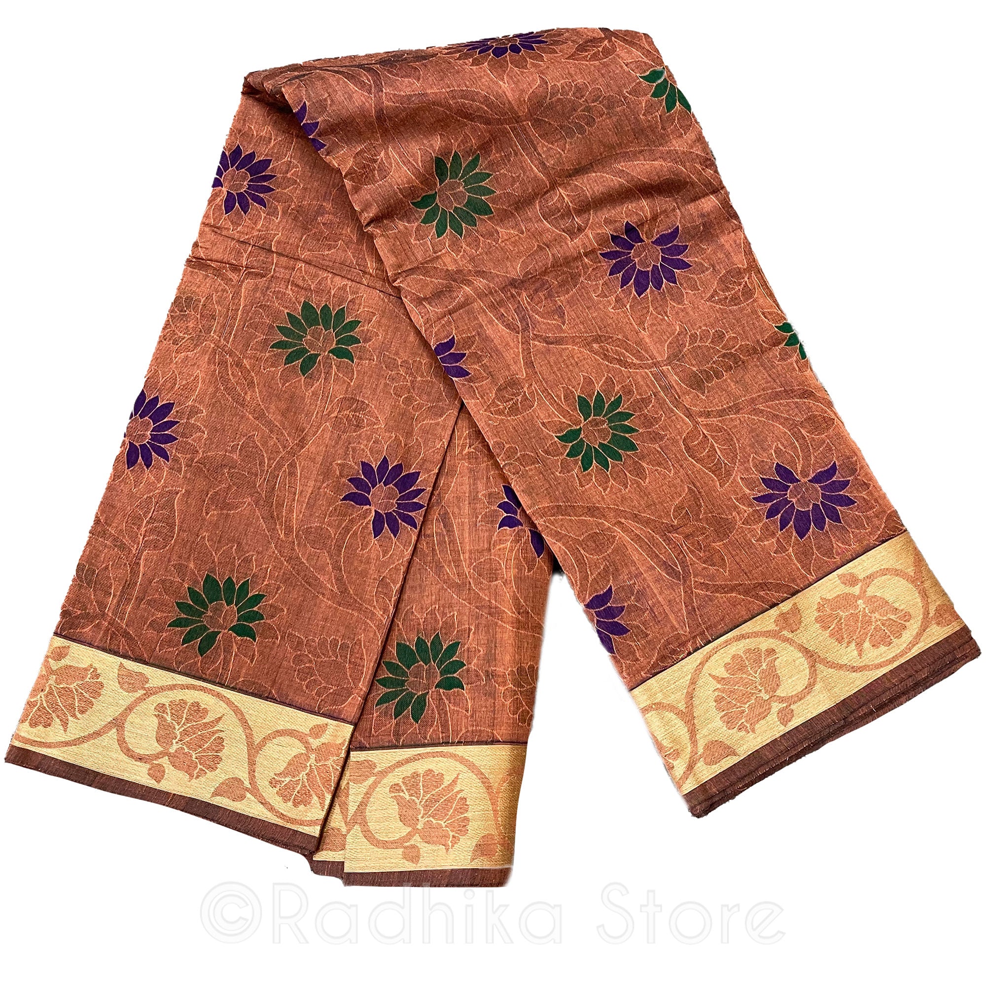 Vrindavan Forest Flowers- Earthy With Blue and Green - Cotton Silk Saree