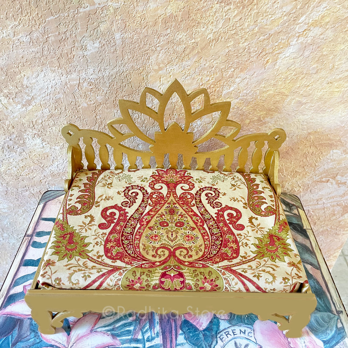 Lotus Flower Jeweled Golden Throne/Bed- Vrindavan Oppulence design- 9.5&quot; Long
