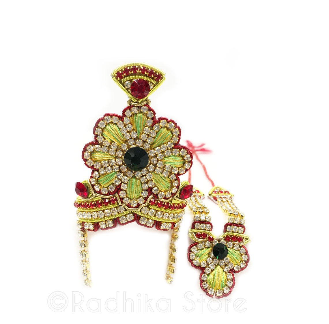 Vrindavan Flower - Deity Crown and Necklace Set- Lemon/Lime and Red Colors