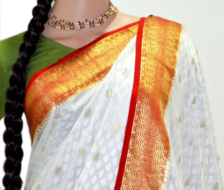 Divine White With Red and Gold Jari - Pure Silk Saree