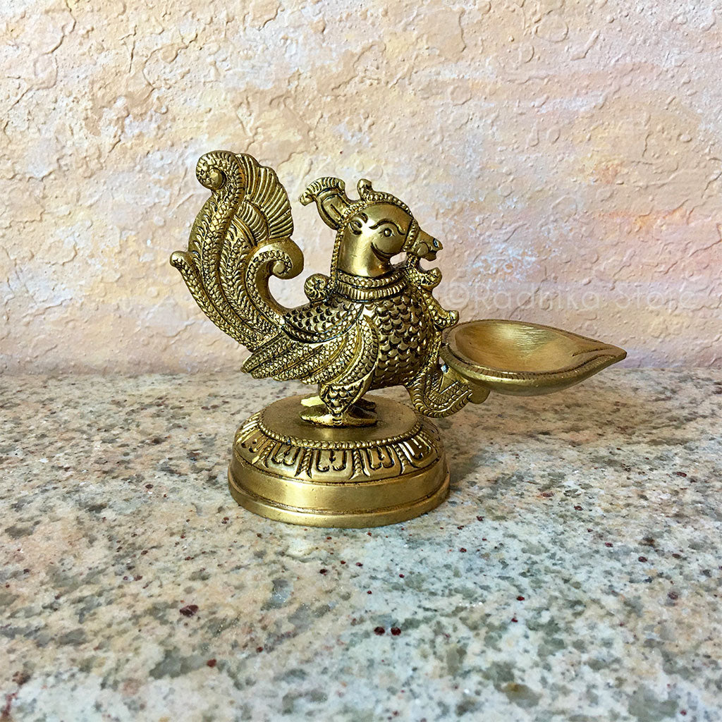 Vrindavan Peacock Pedestal- Brass Ghee Lamp - (Diya) -4" Inch