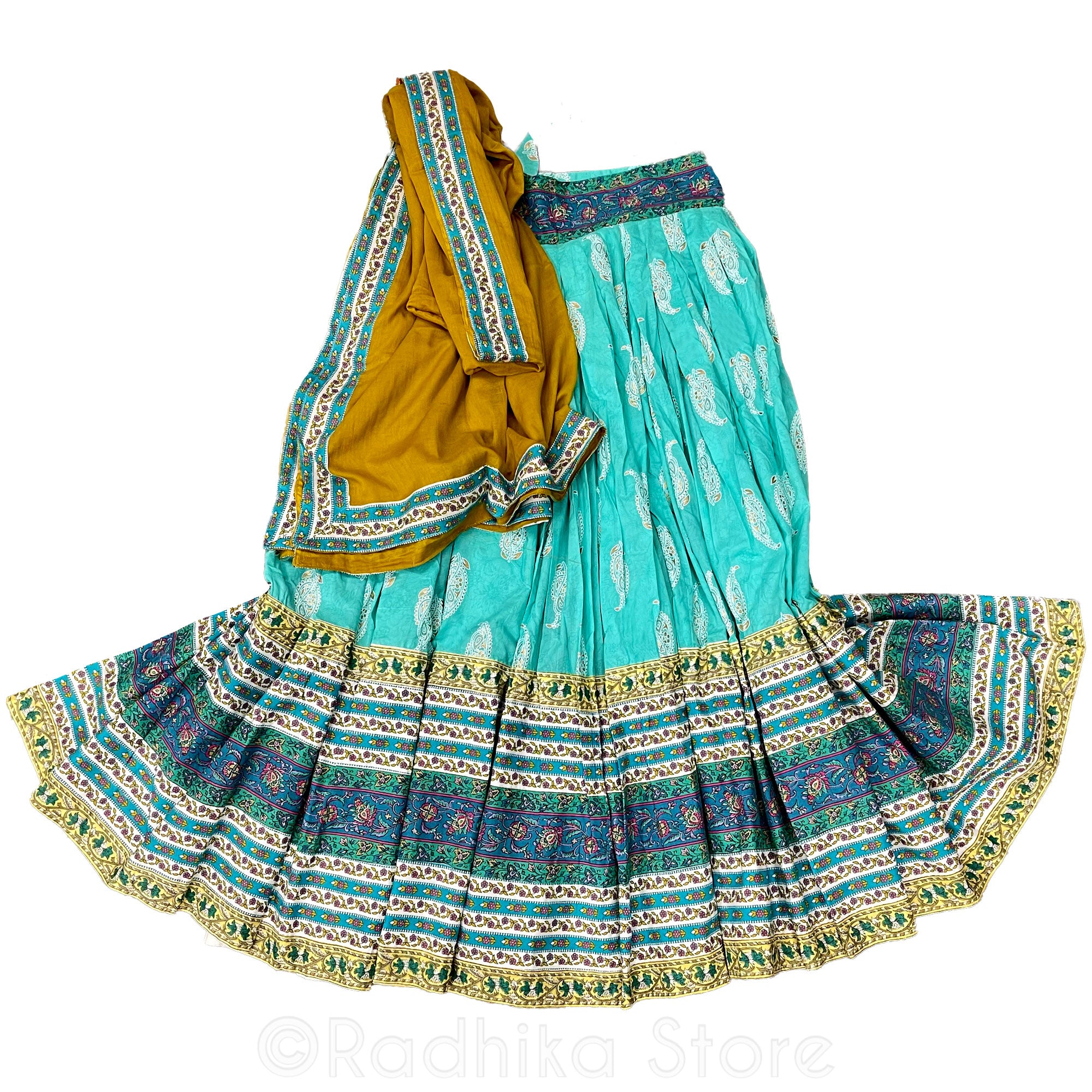 Ganga Devi-Gopi Skirt-Teal Blue Green - Cotton Screen Print-6 Meter Twirling