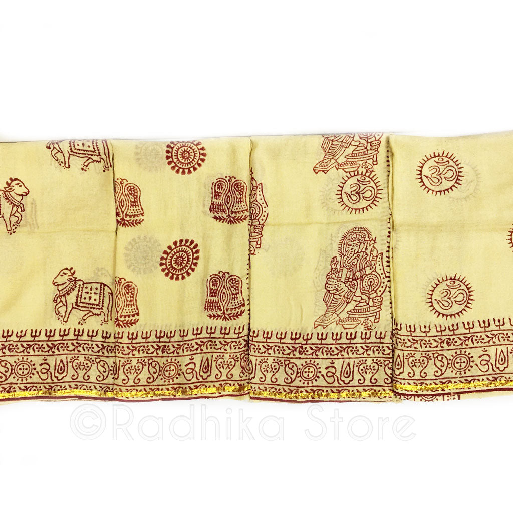 Om Block Print  Cotton Chadar Yellow With Red and Gold Boarder - 4 Designs to Choose