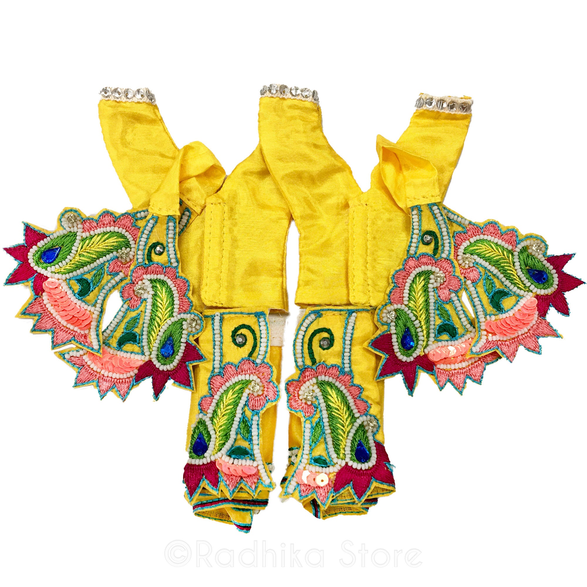 Yogapith - Sunshine Yellow Satin With Coral Peach - Gaura Nitai Deity Outfit