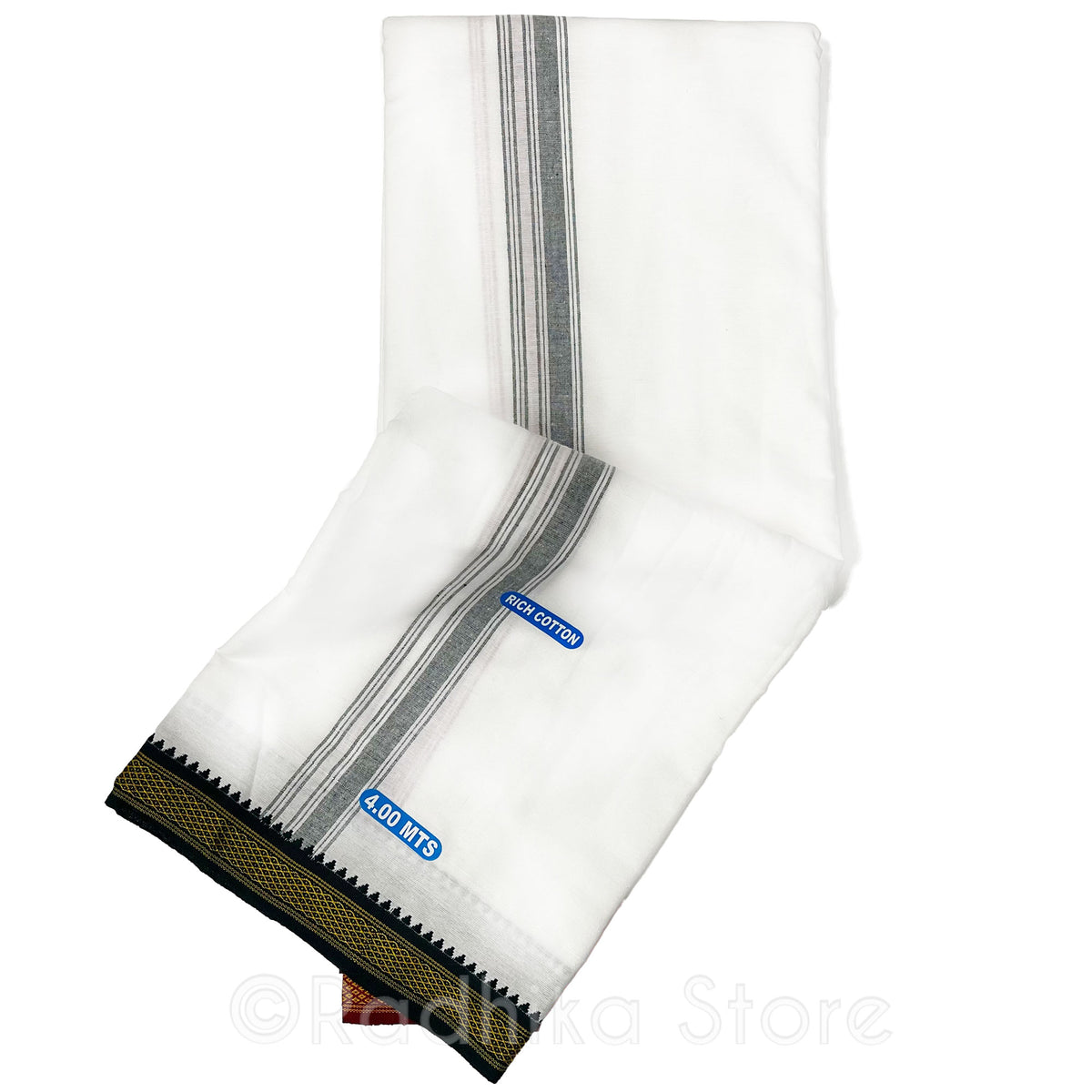 Cotton Dhoti - White With Green and Maroon Stripe Boarder