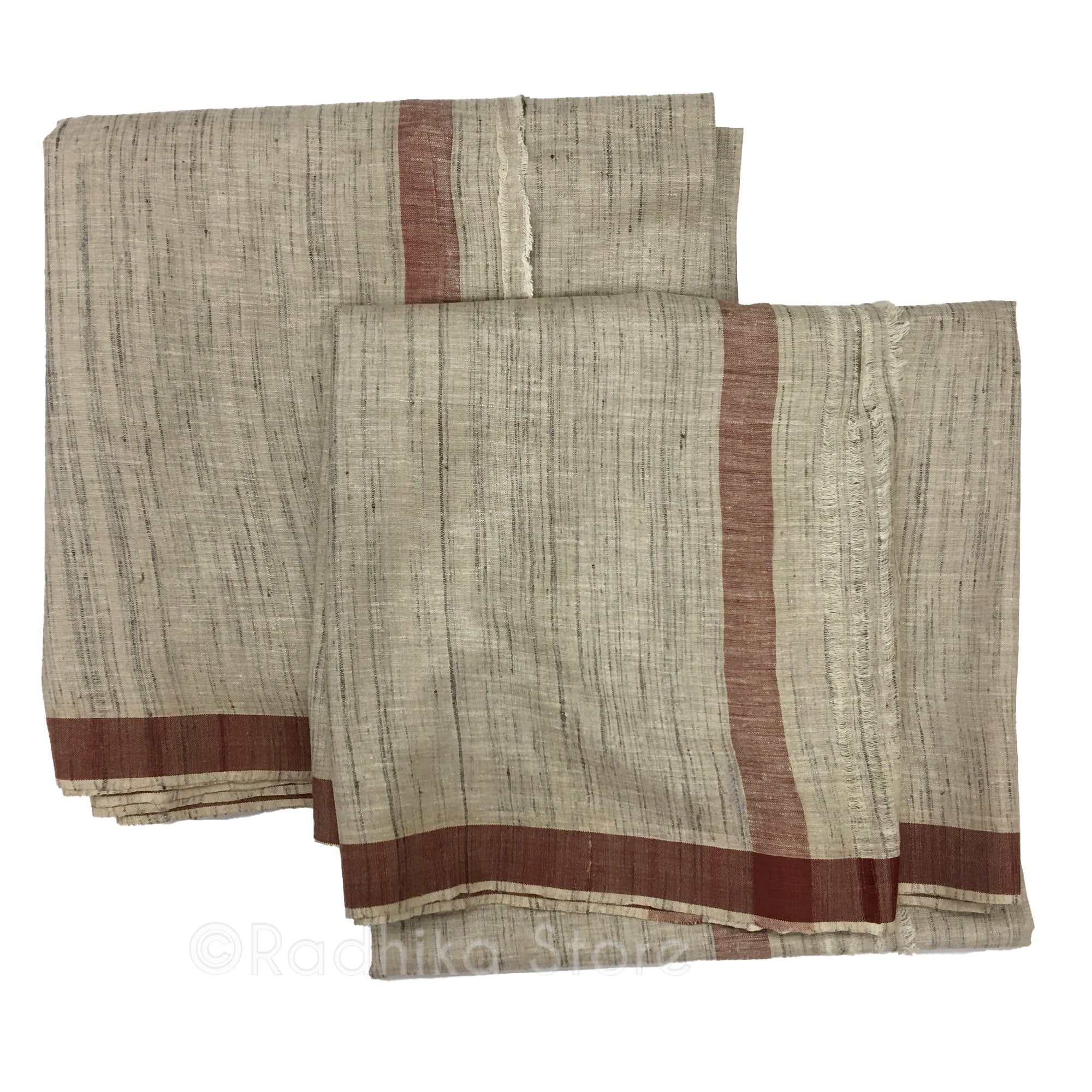Silk Dhoti and Chadar - Natural Khadi - Beige Tweed With Rust Stripe