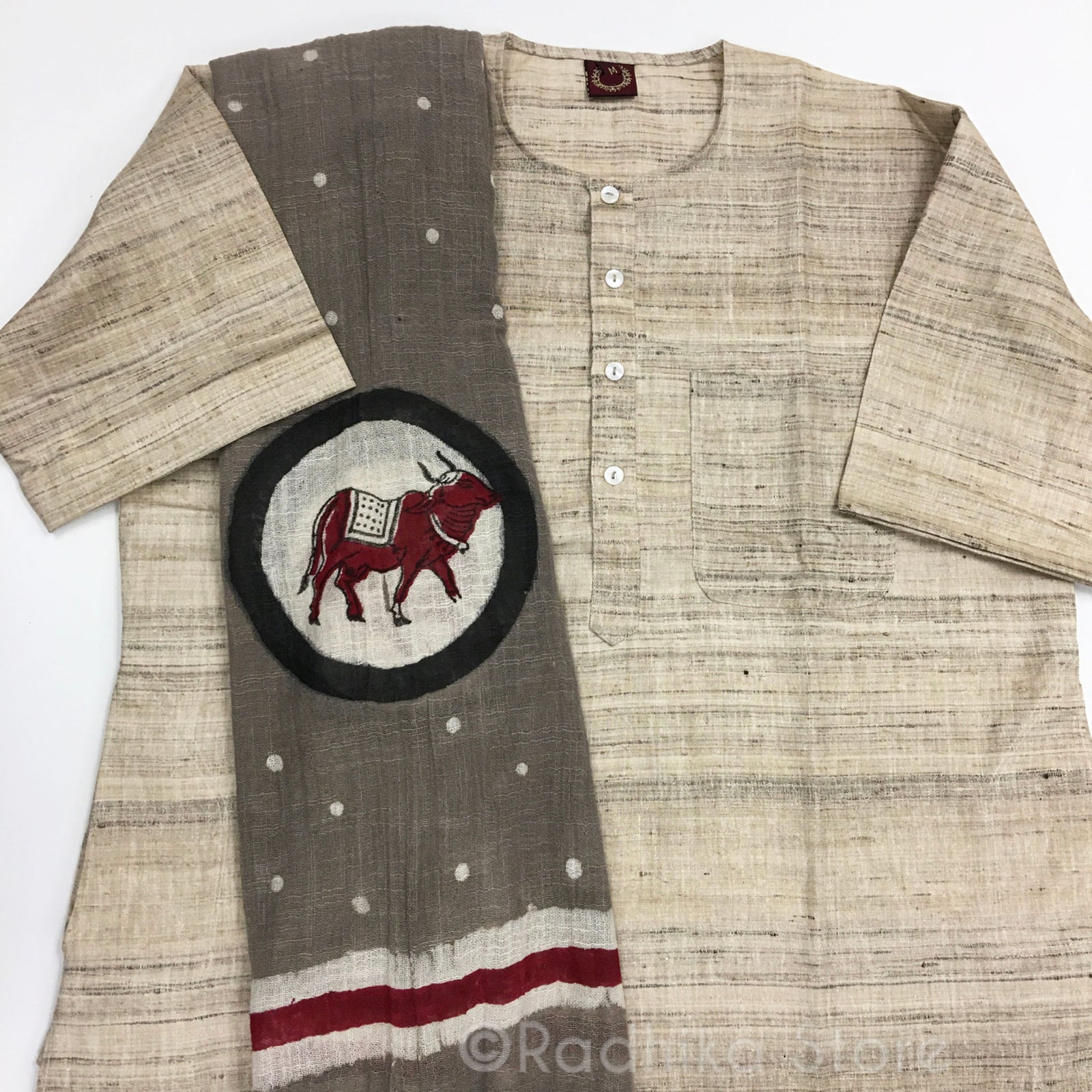 Raw Silk- Beige Tweed - Short Sleeve Kurtas