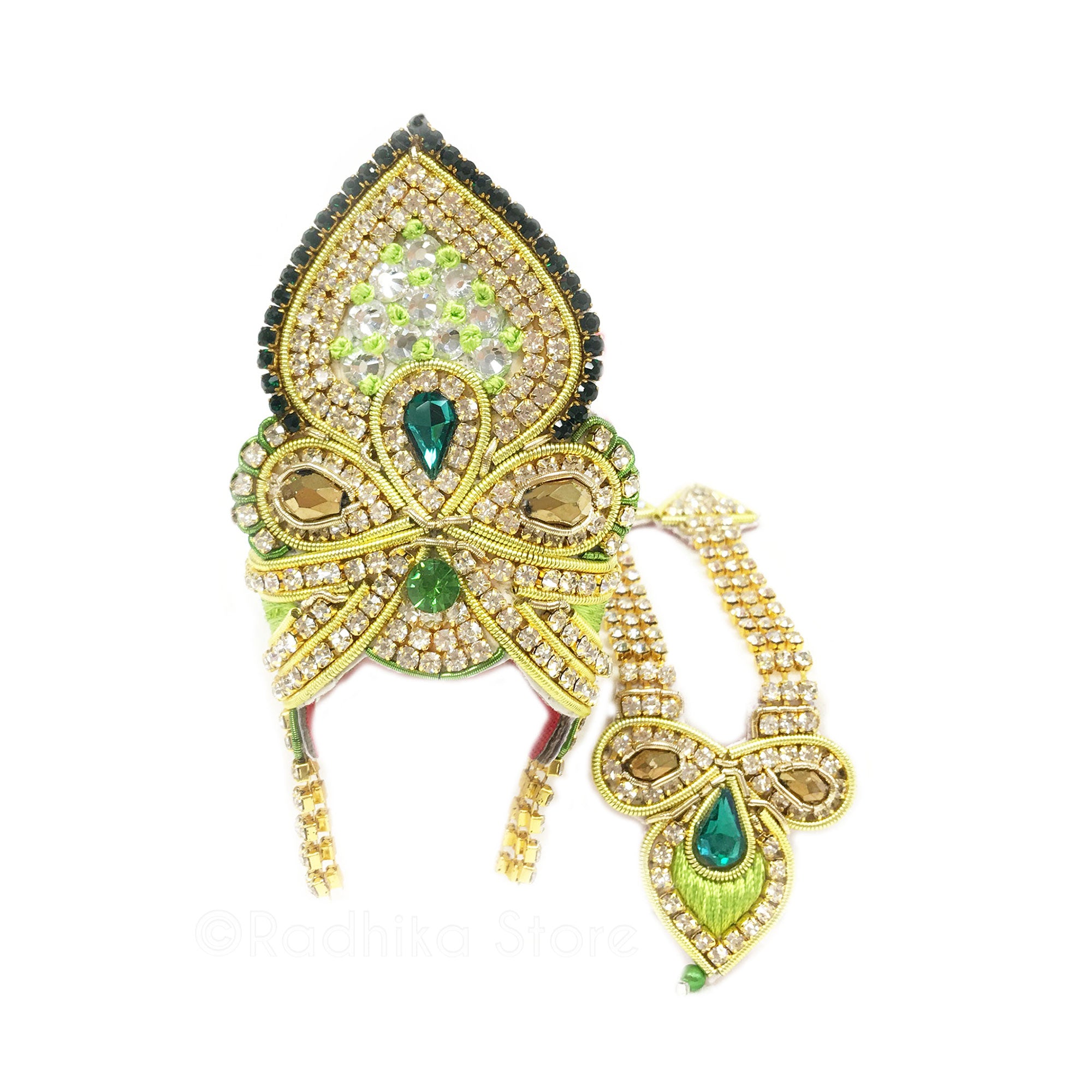 Golden Emerald Peacock Fan - Deity Crown and Necklace Set