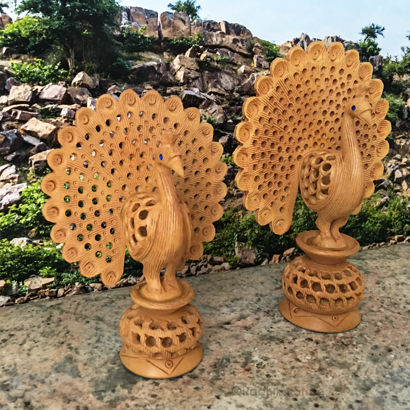 Hand Carved Dancing Govardhana Peacock  With Baby Peacock Inside- Choose From Two Sizes