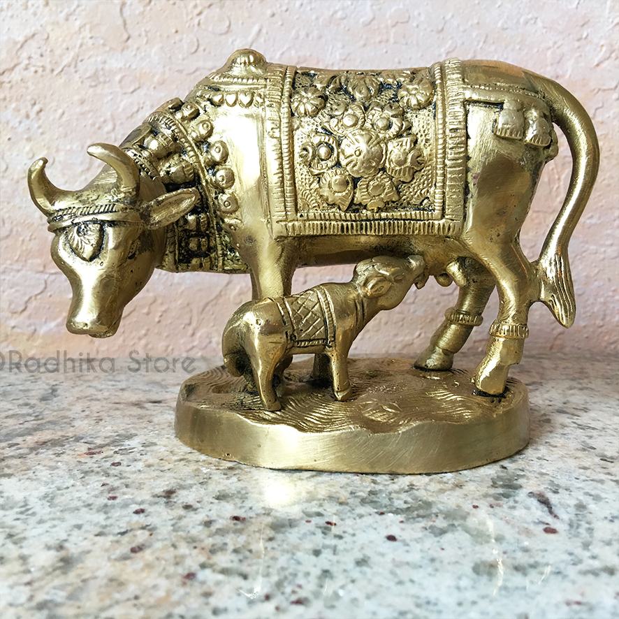 Brass Cow and Calf With Flower Blanket - 4&quot; Inch