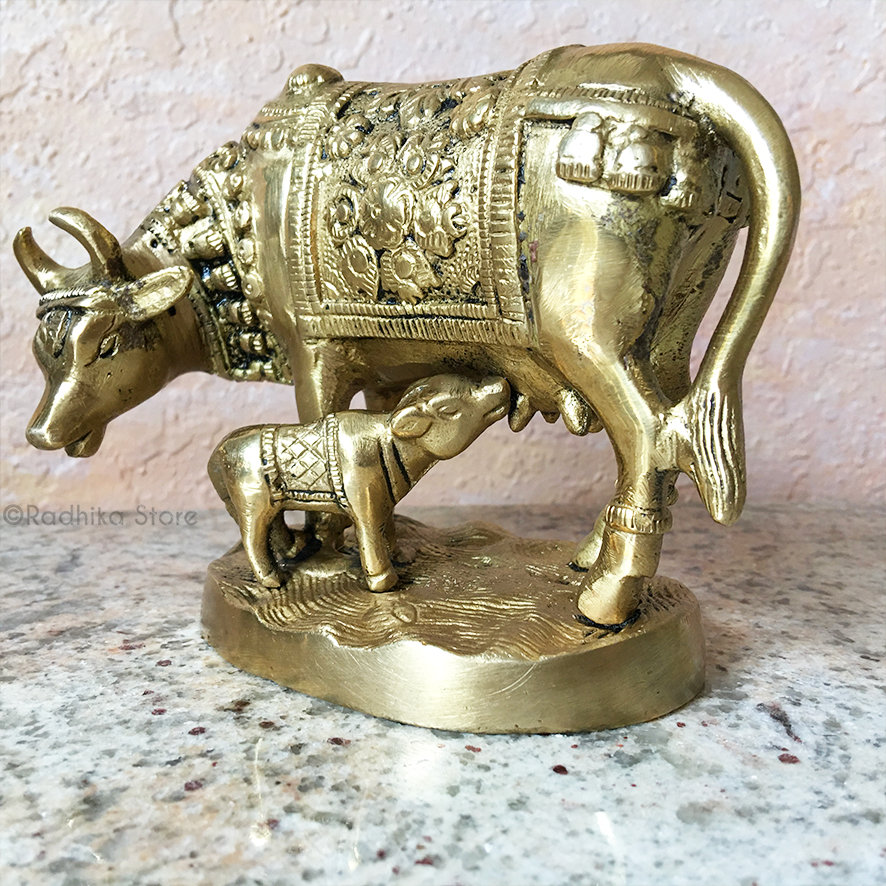 Brass Cow and Calf With Flower Blanket - 4&quot; Inch