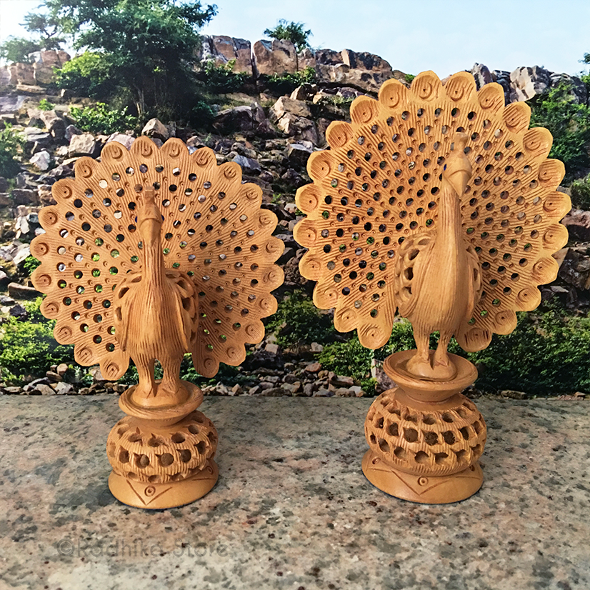 Hand Carved Dancing Govardhana Peacock  With Baby Peacock Inside- Choose From Two Sizes