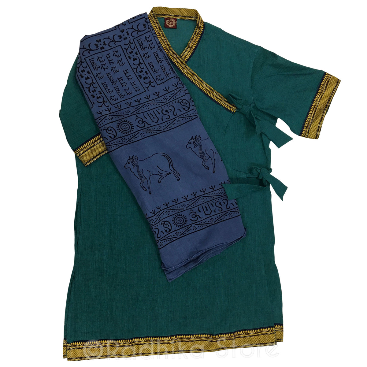 Dark Green Tweed Festival BagalBundi Kurta - Cotton - Short Sleeve