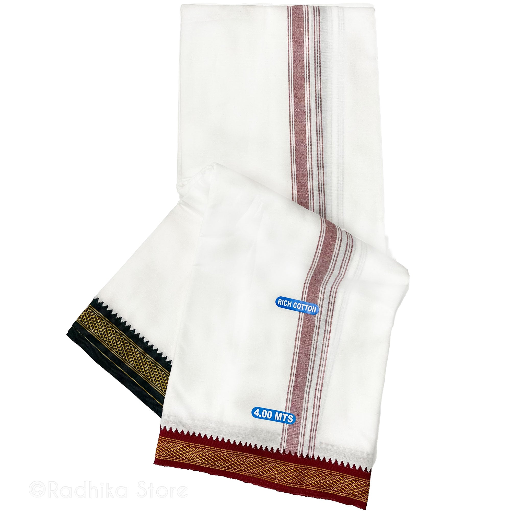 Cotton Dhoti - White With Green and Maroon Stripe Boarder