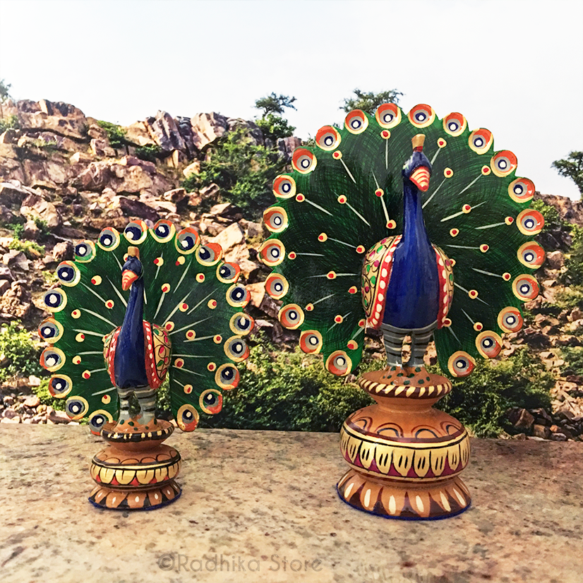 Hand Carved and Painted  Dancing Govardhana Peacocks - Choose Size and Color