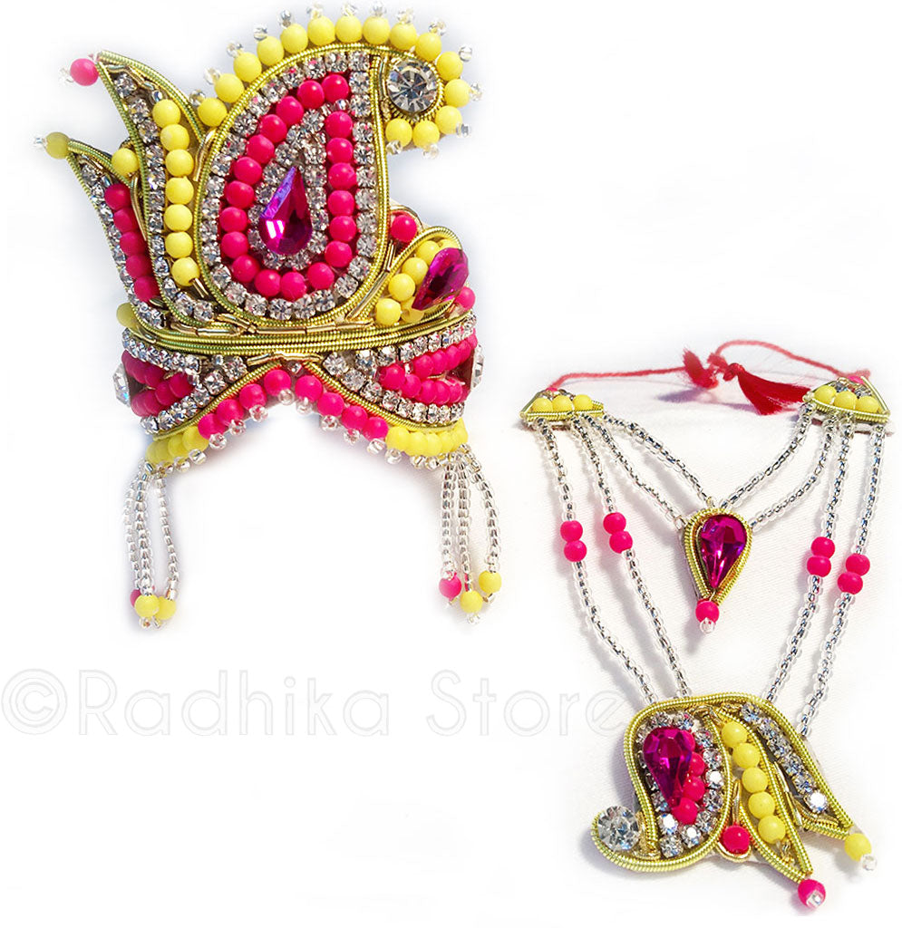 Yellow and Fuchsia Lotus Chandrika - Rhinestone Crown and Necklace Set