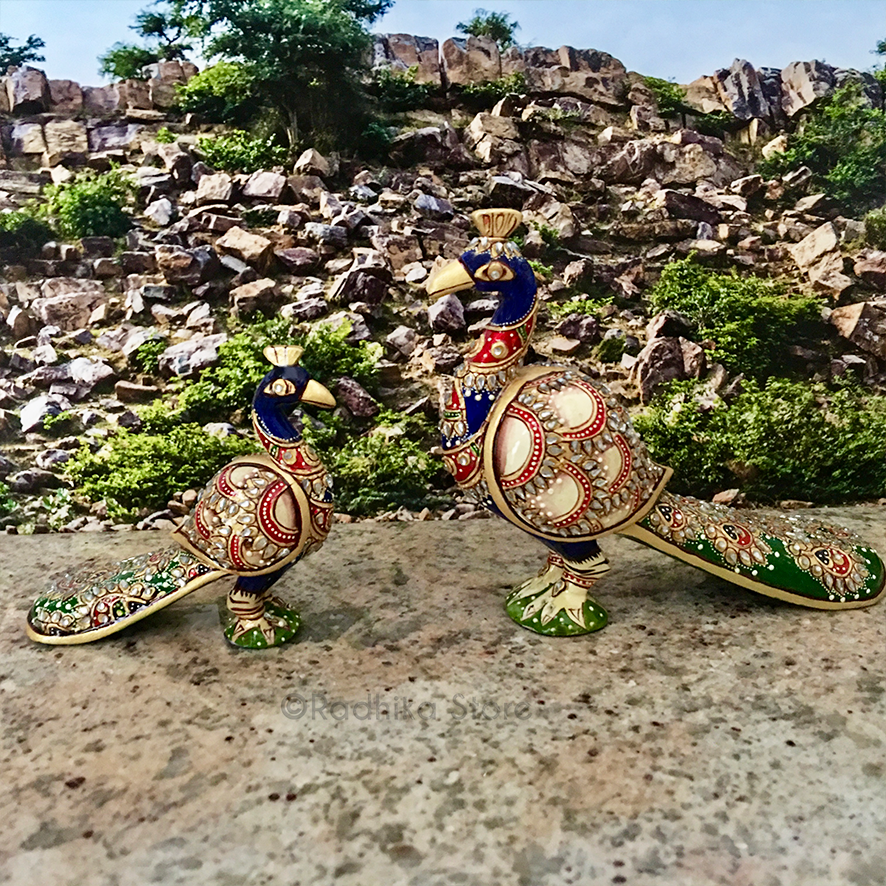 Majestic Jeweled Govardhana Peacocks - Hand Painted Wood - Choose From Three Sizes