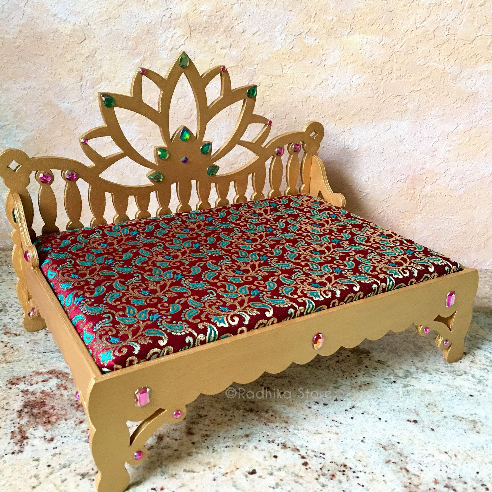 Lotus Flower Jeweled Golden Throne/Bed- Teal and Maroon - 9.5" Long
