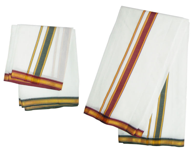 Red & Green Reversable Stripe - Cotton Dhoti & Chadar