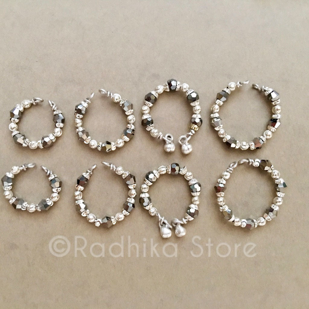 Silver With Hematite Bangles/Ankle Bells Set - 4 Sizes