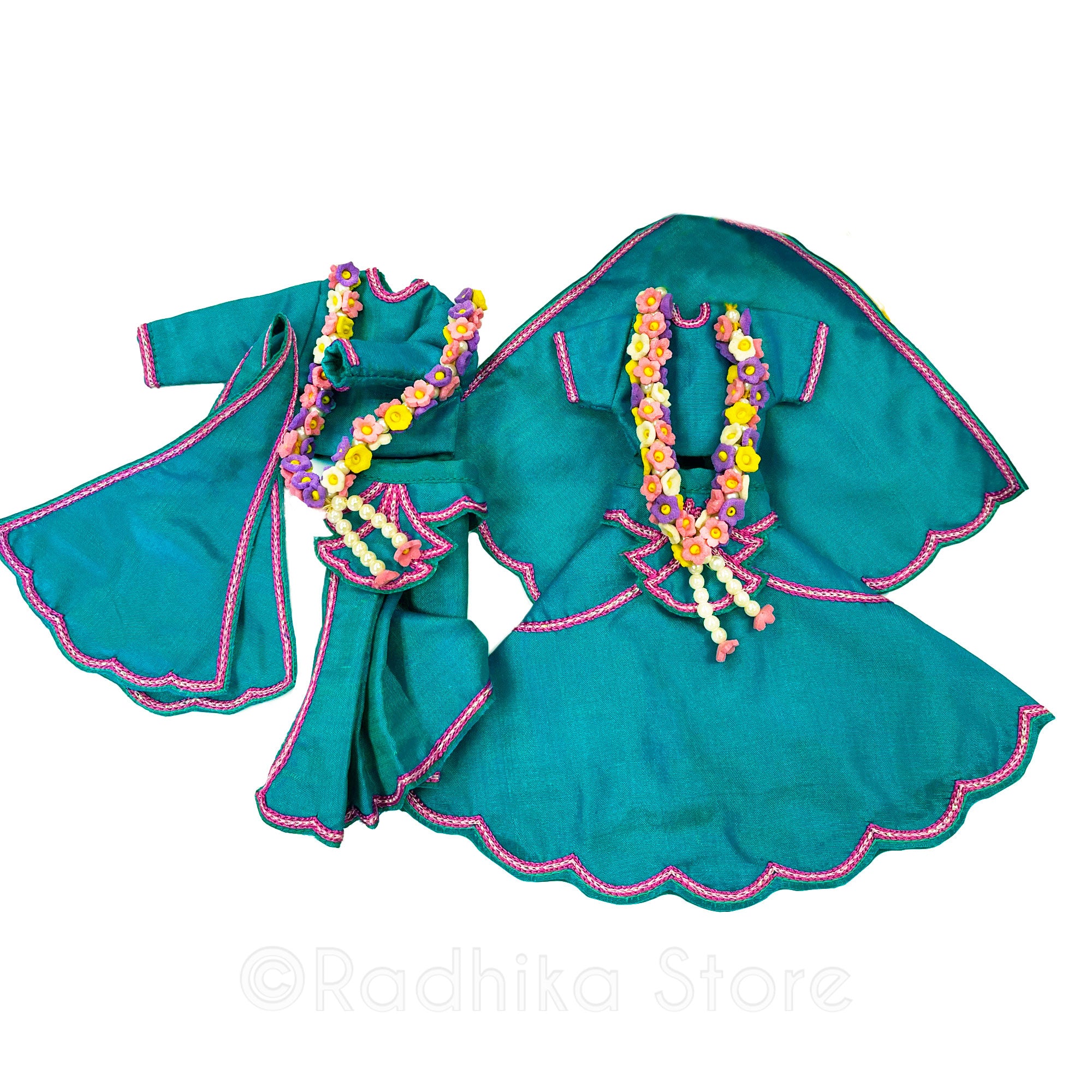 Oceans Of Mercy- Silk -  Deep Teal Blue and Pink - Radha Krishna Deity Outfit
