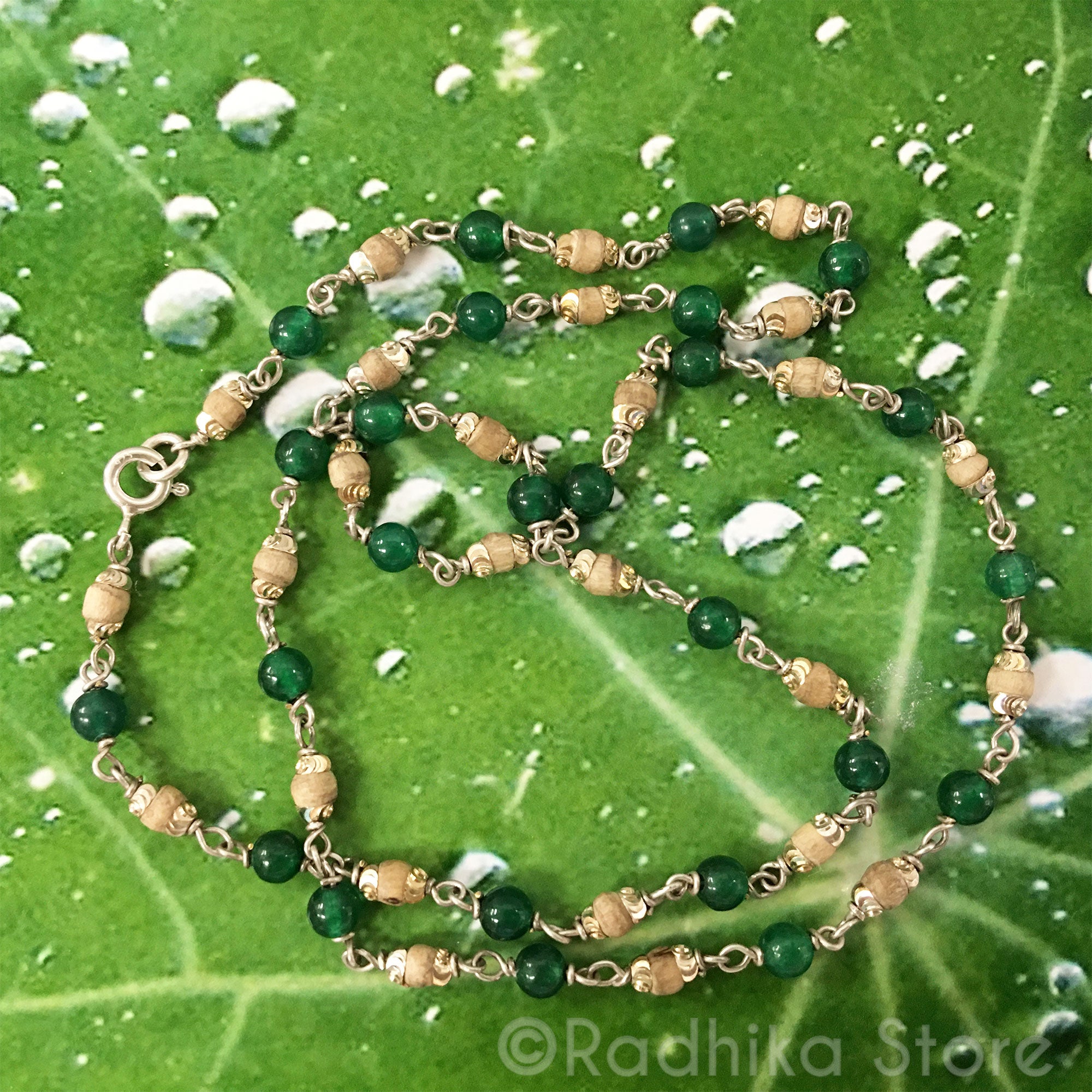 Tulsi With Semi Precious Emerald and Silver Chain Necklace