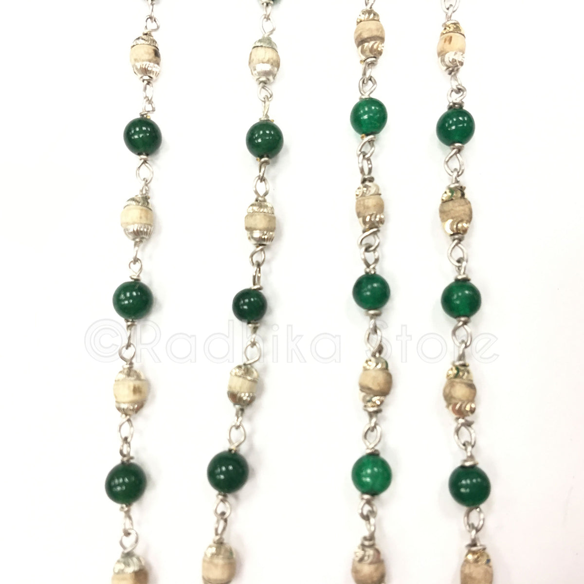Tulsi With Semi Precious Emerald and Silver Chain Necklace