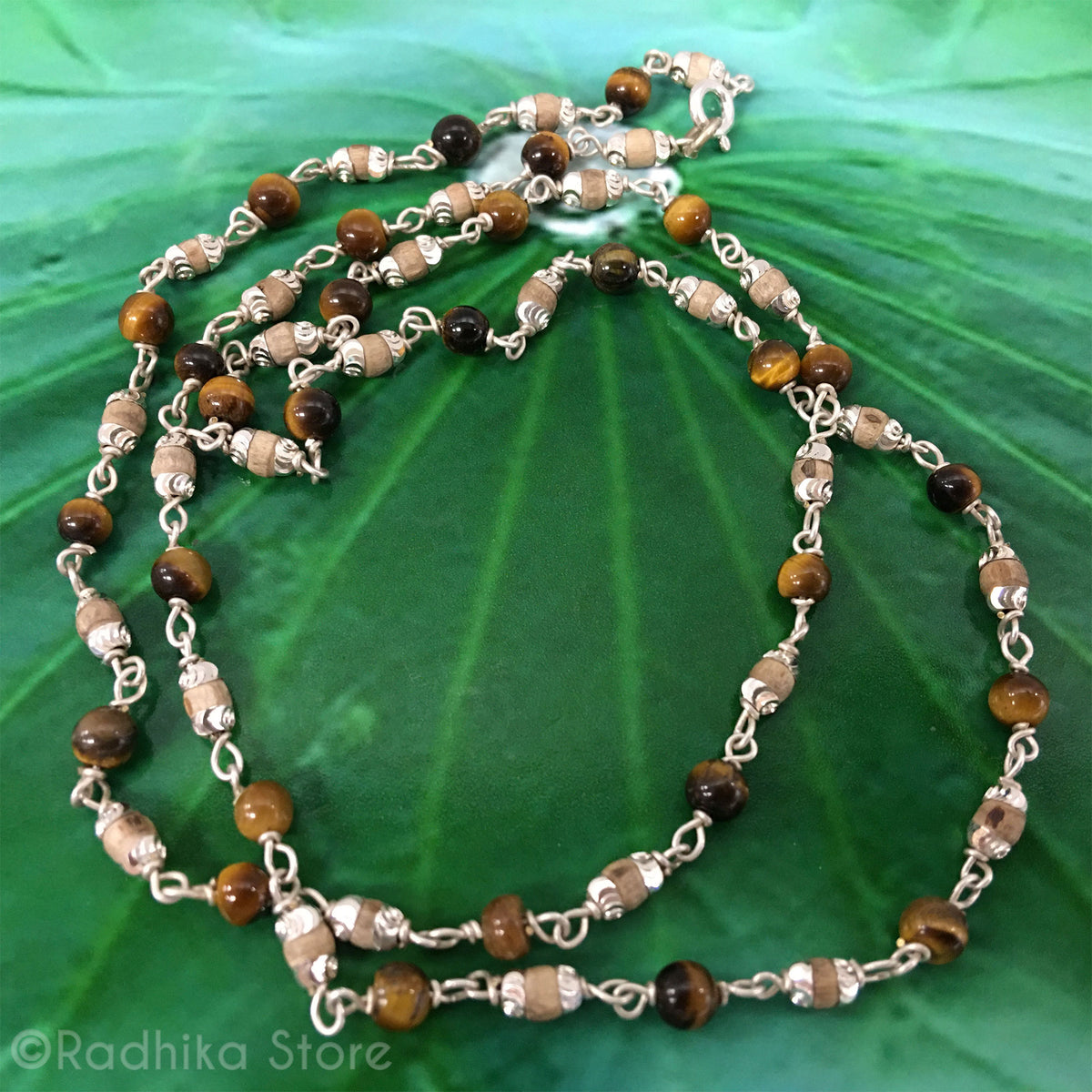 Tulsi With Tiger&#39;s Eye and Silver Chain Necklace