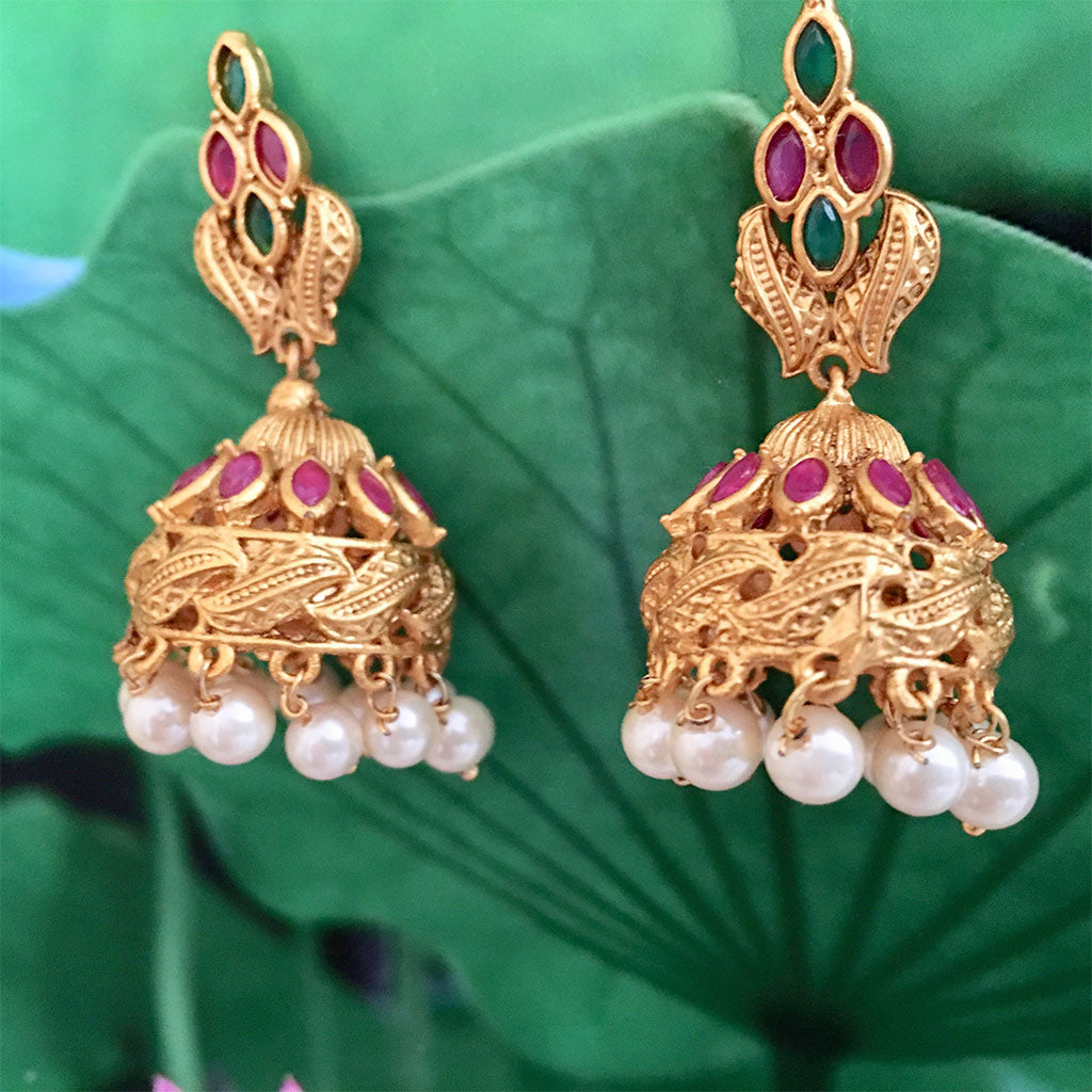 Emerald Ruby Leaf- Bell Earrings