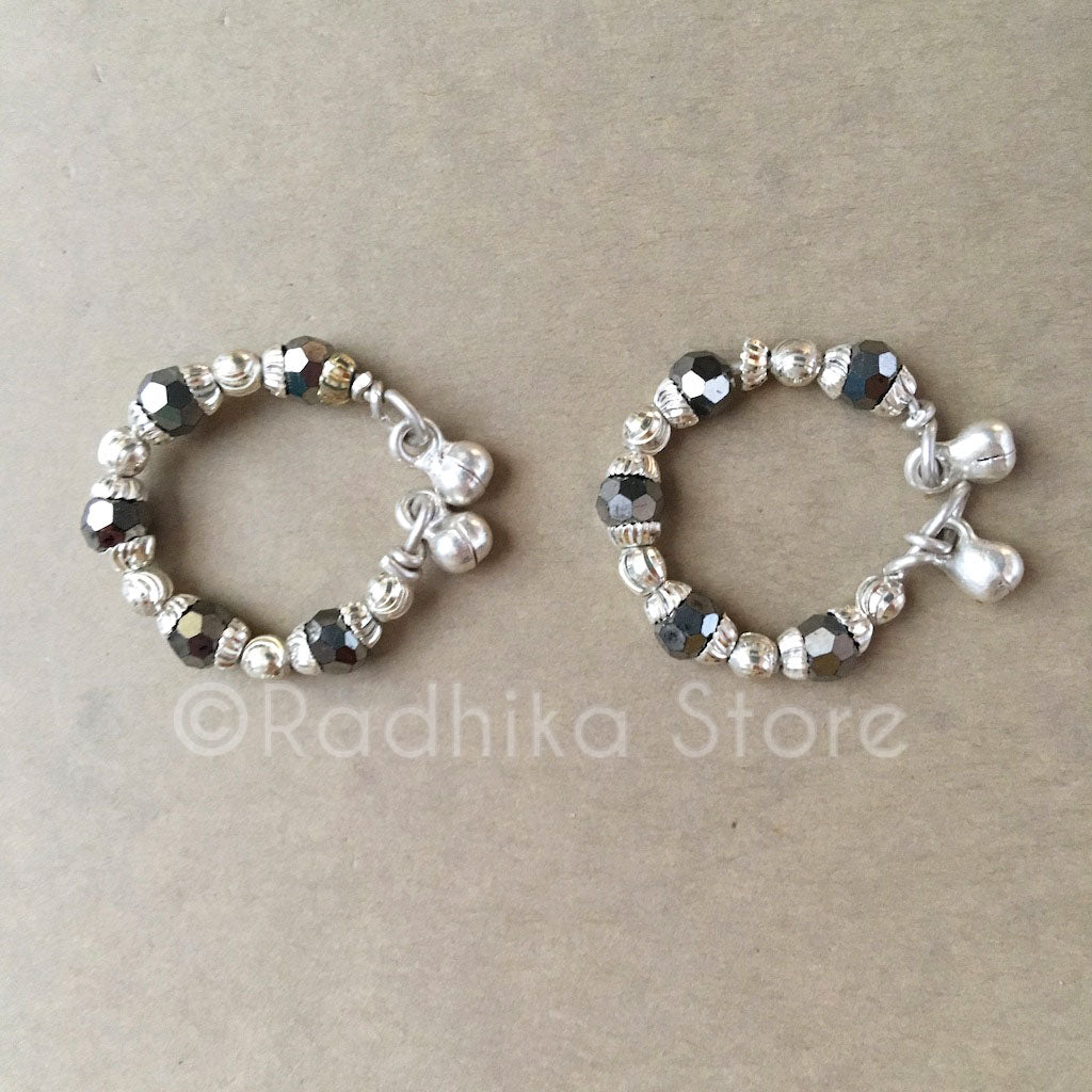 Silver With Hematite Bangles/Ankle Bells Set - 4 Sizes