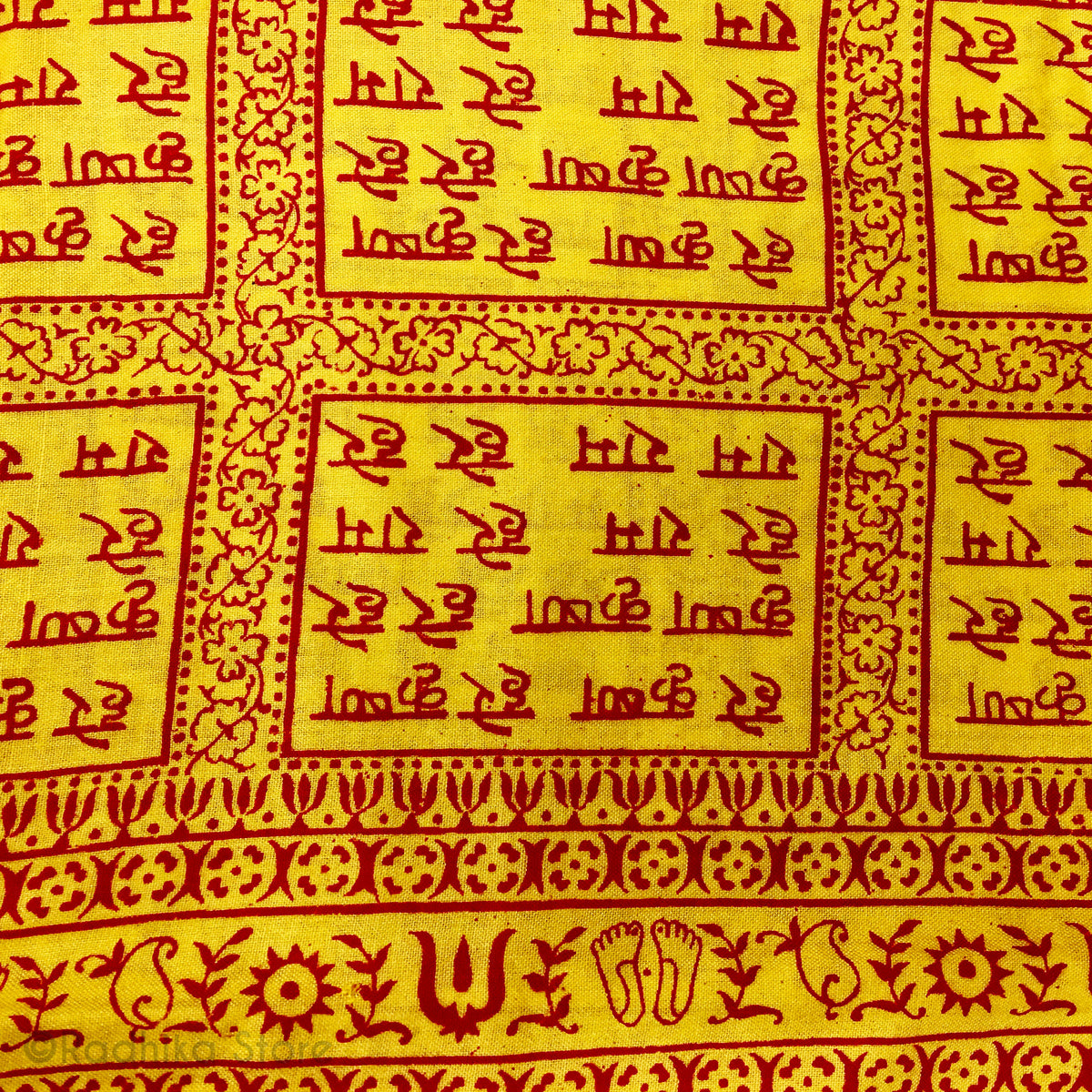 Maha Mantra Chadar With Vrindavan Cows and Lotus Feet -  Sunshine Yellow With Red